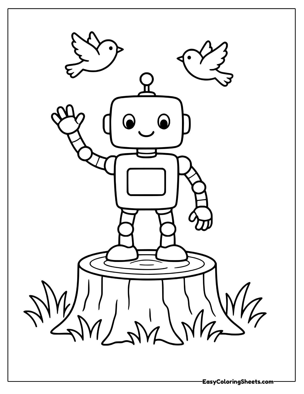 Robot waving on a tree stump
