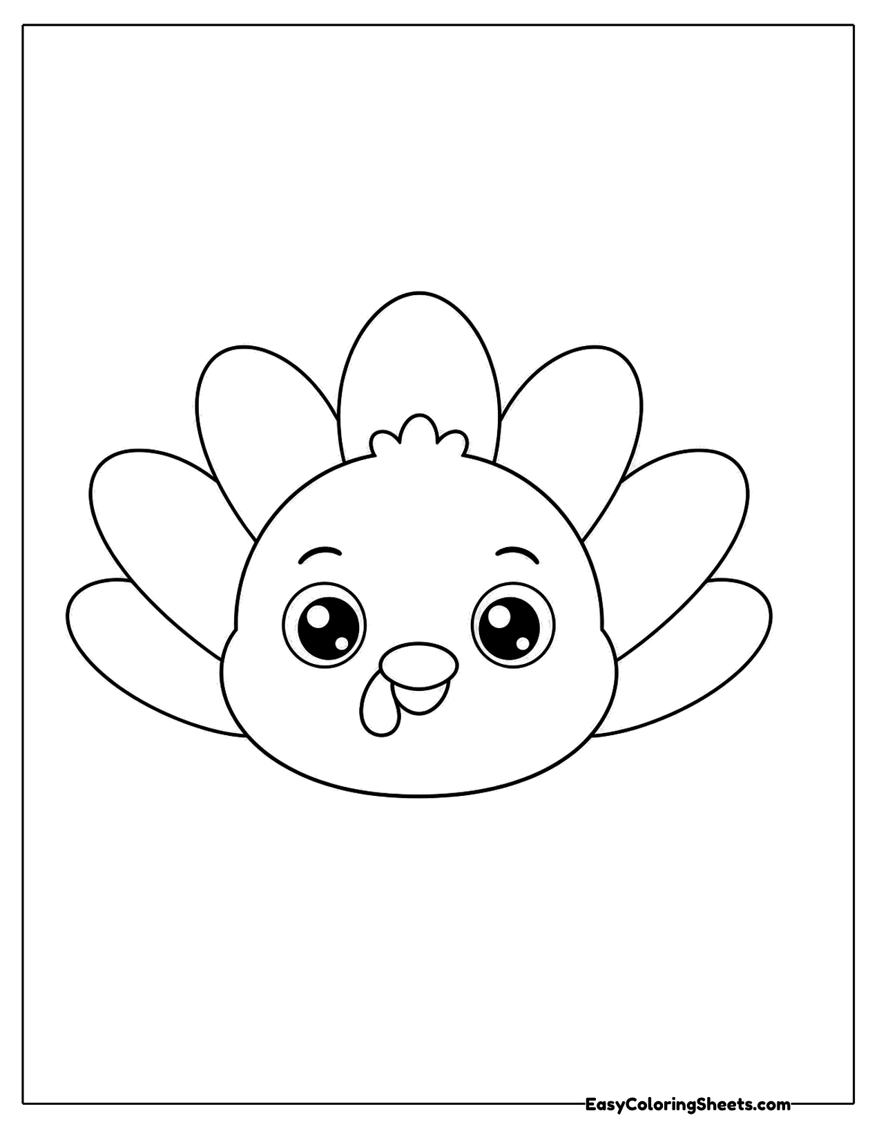 Simple turkey head with big eyes and a fan of rounded feathers behind it