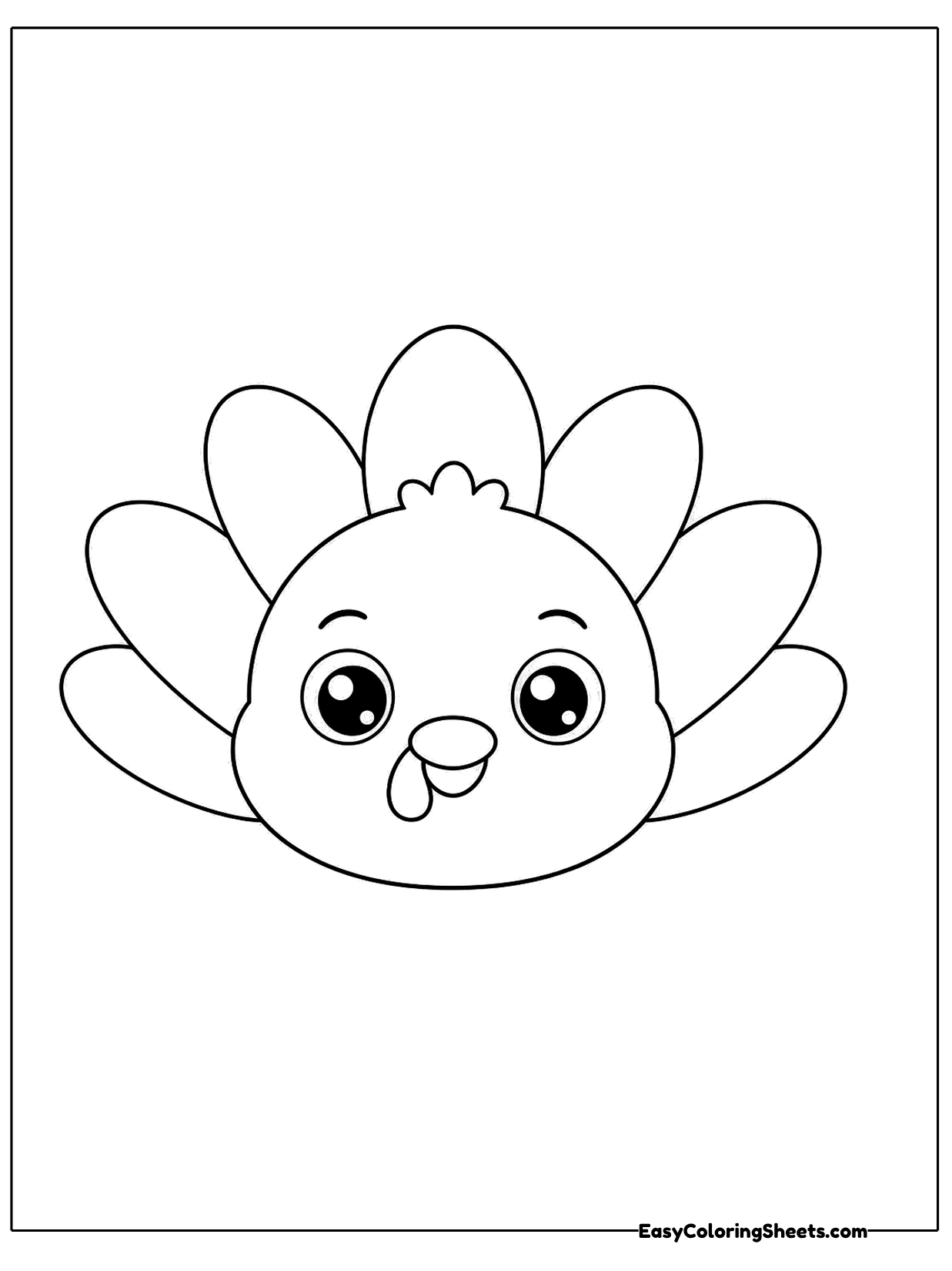 A round turkey face with big eyes peeks out from a fan of rounded tail feathers, drawn with very few lines.