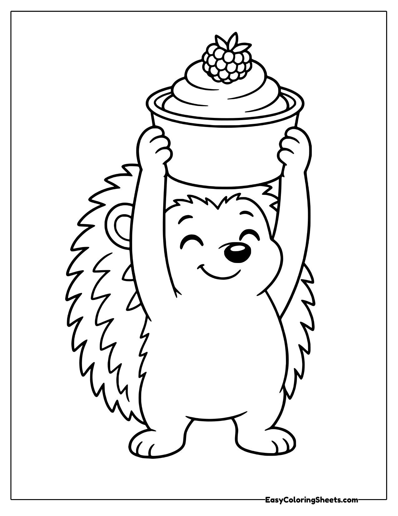 Happy hedgehog lifting a creamy yogurt cup topped with a raspberry