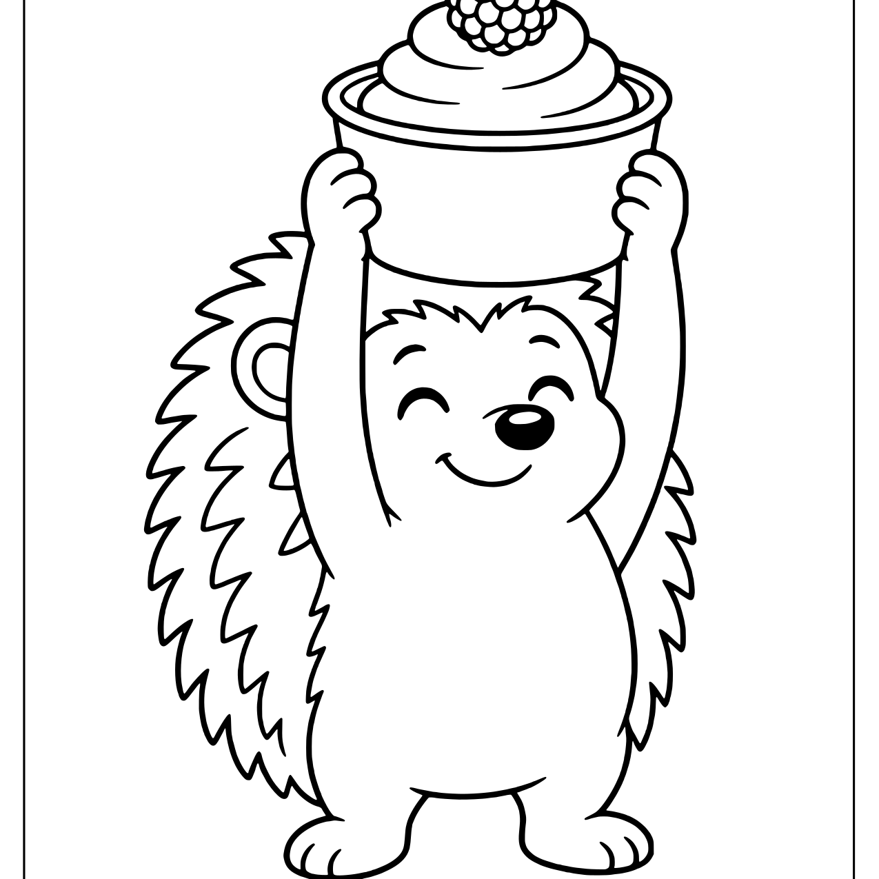 Happy hedgehog lifting a creamy yogurt cup topped with a raspberry