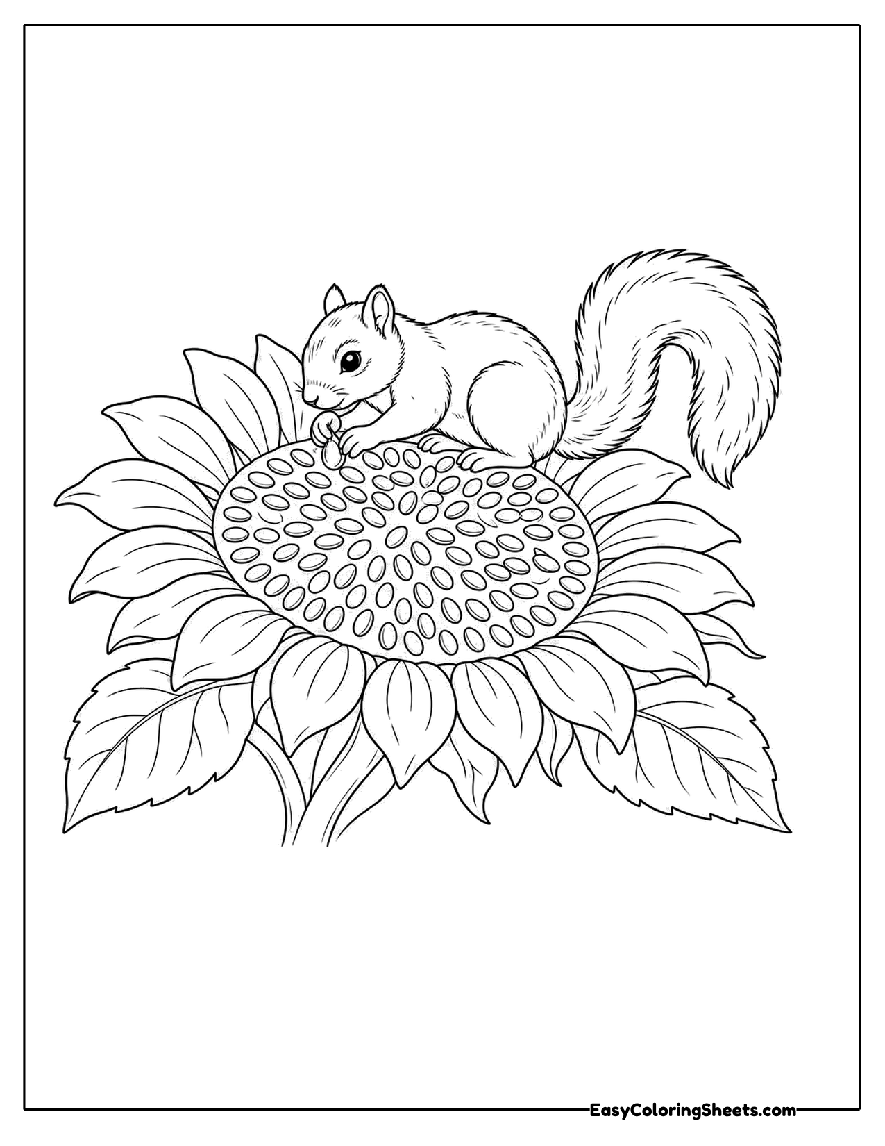 Squirrel sitting on a giant sunflower head
