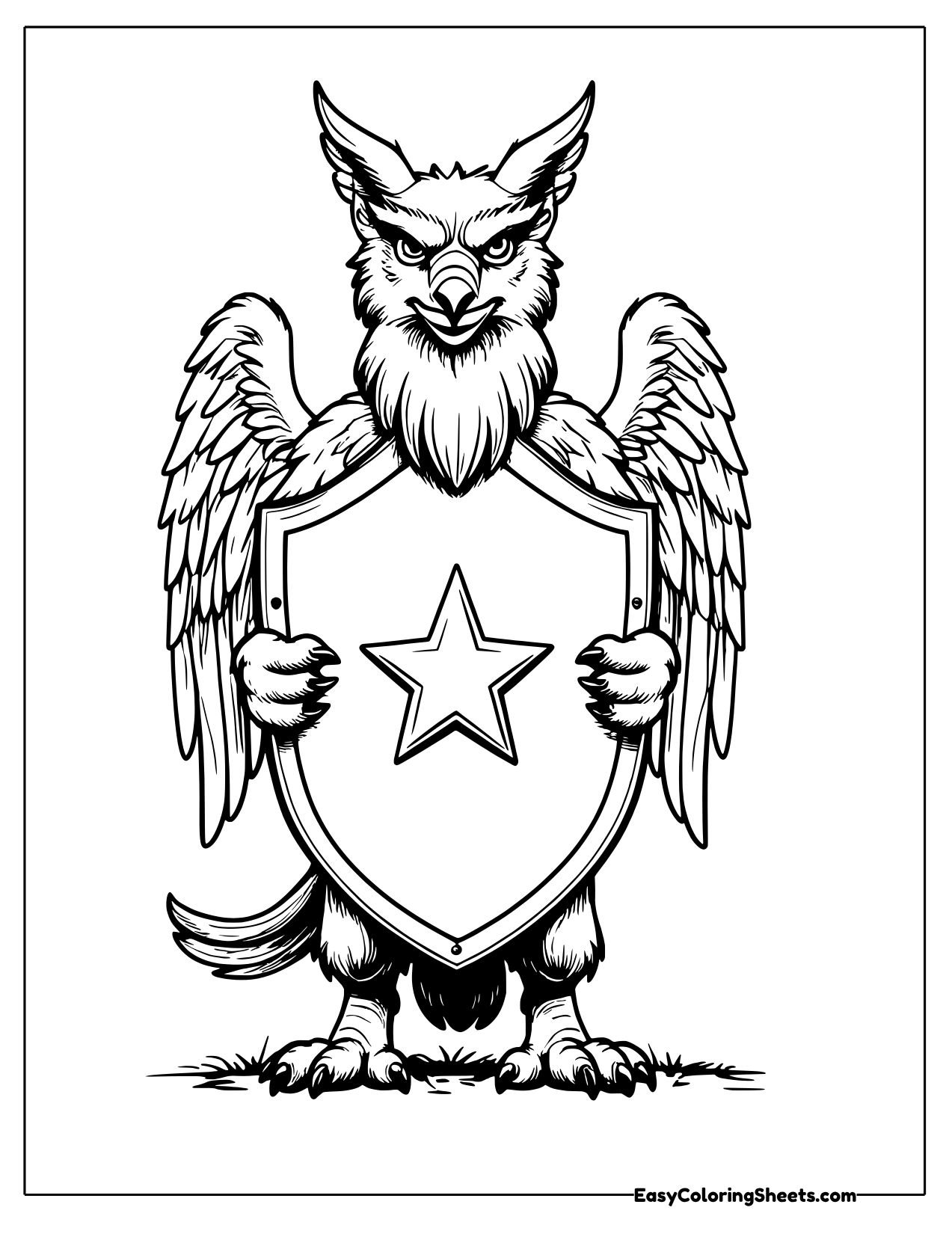 Griffin standing upright holding a shield with a star