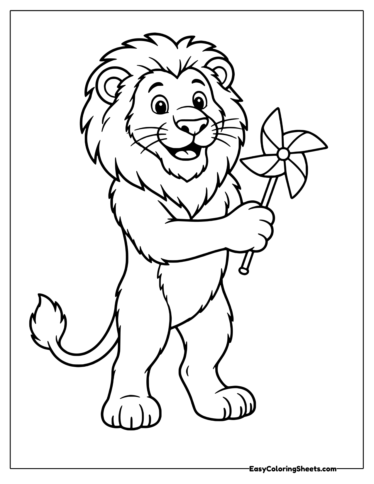 Smiling lion standing upright and holding a pinwheel