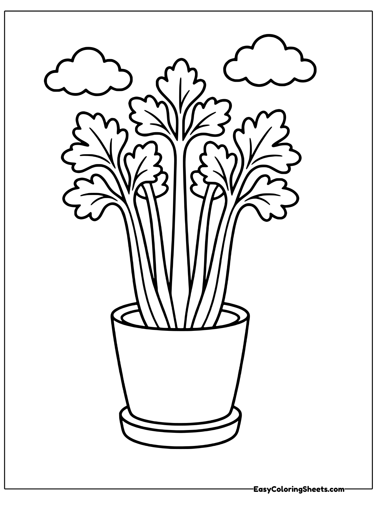 A leafy celery plant grows from a simple round pot with its stalks fanning out into frilly leaves.