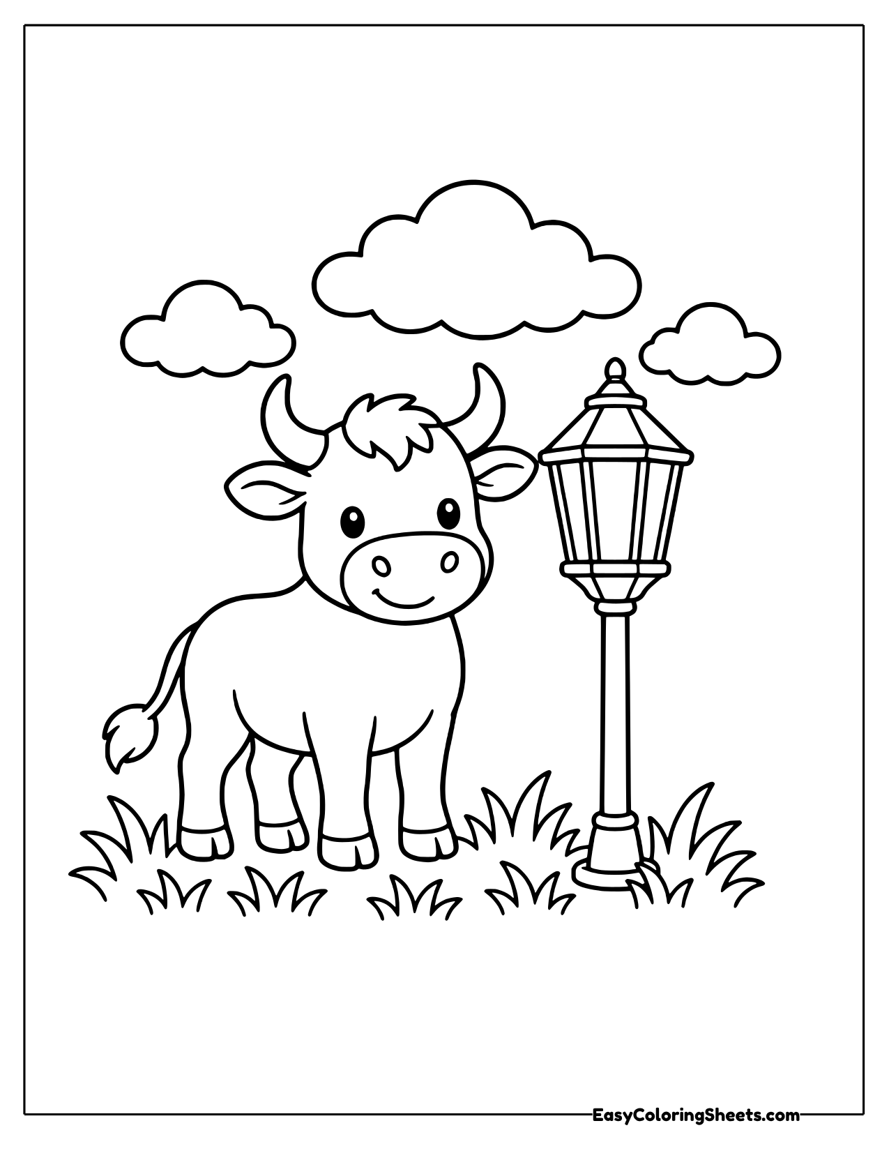 Bull standing by an old street lantern