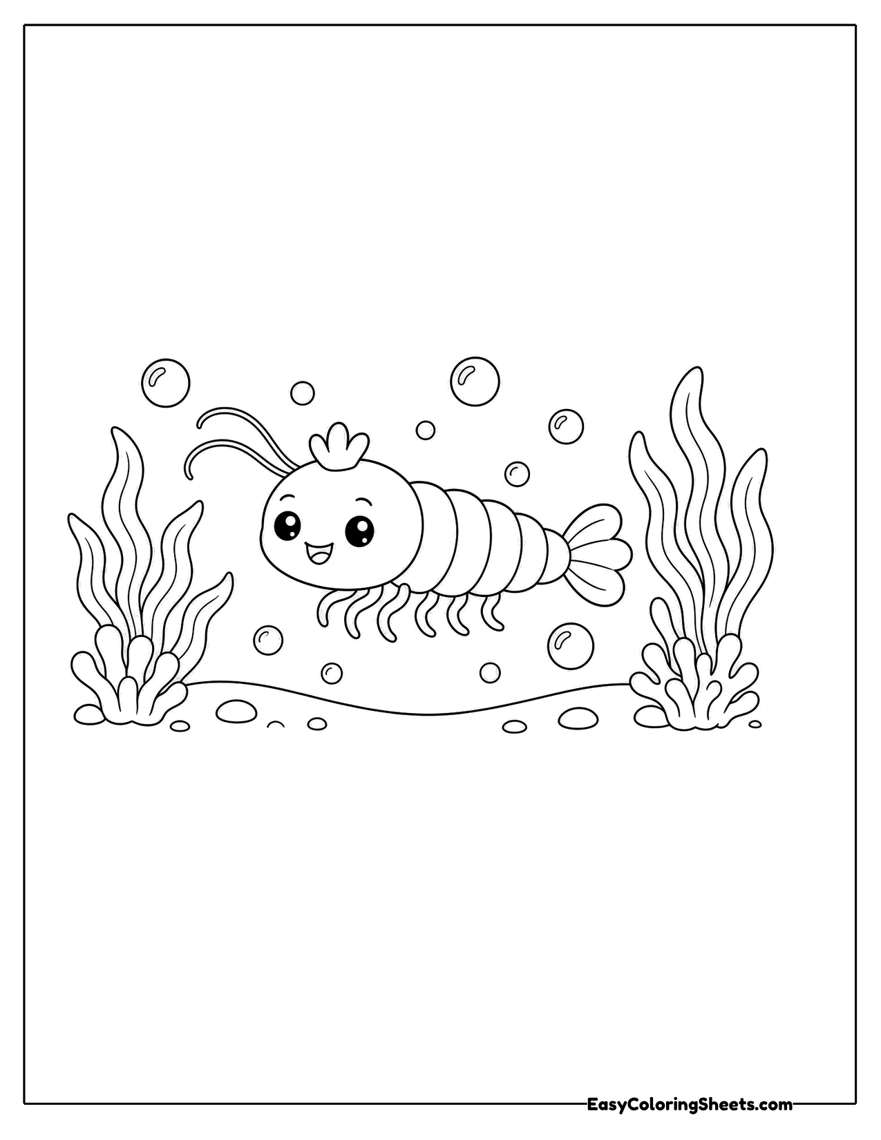 Small shrimp swimming among seaweed and bubbles
