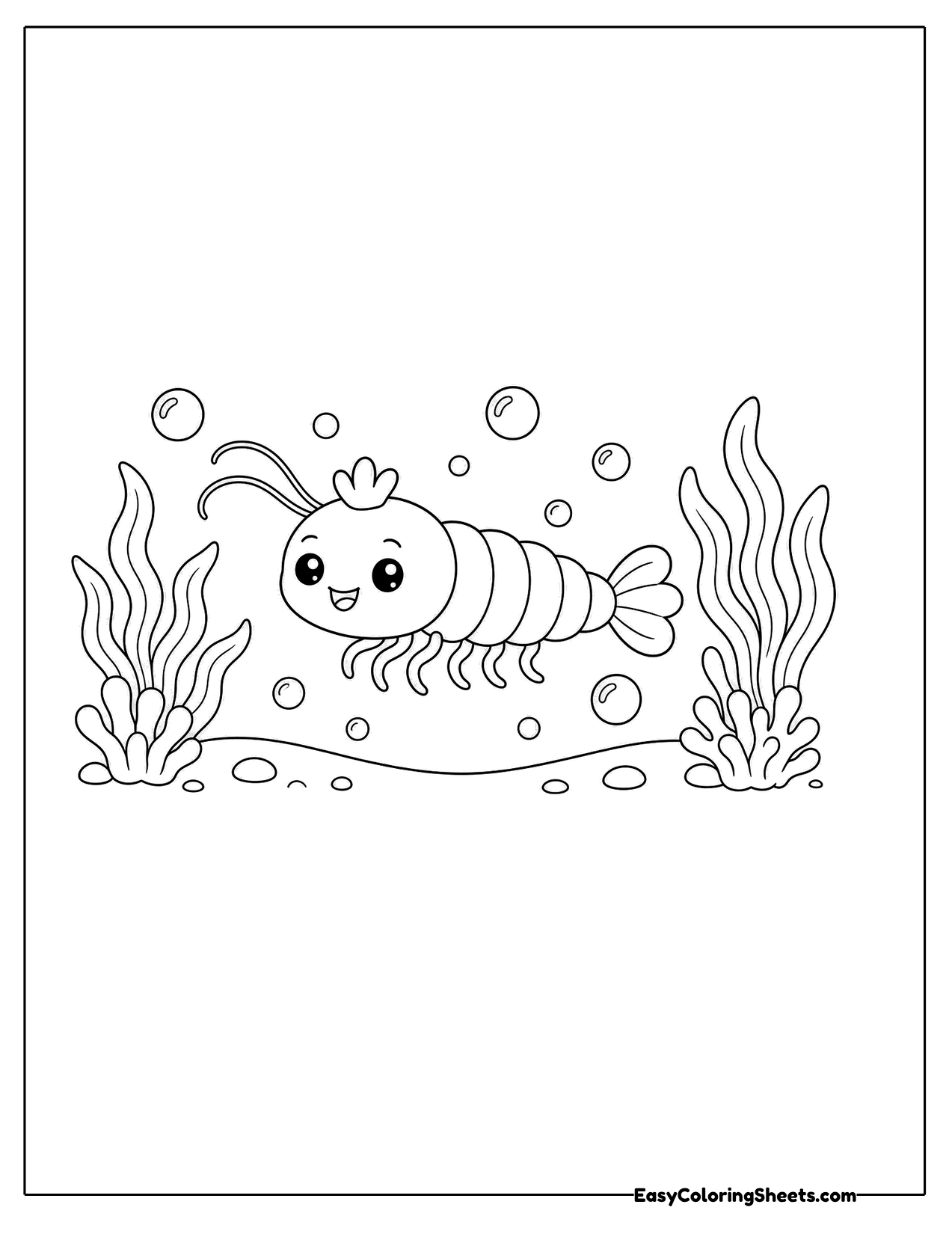 Small shrimp swimming among seaweed and bubbles