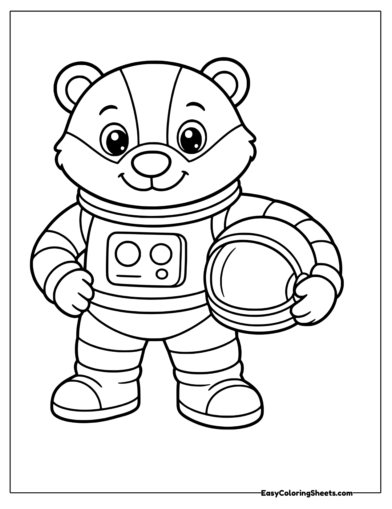 Badger astronaut in a space suit holding a round helmet under one arm