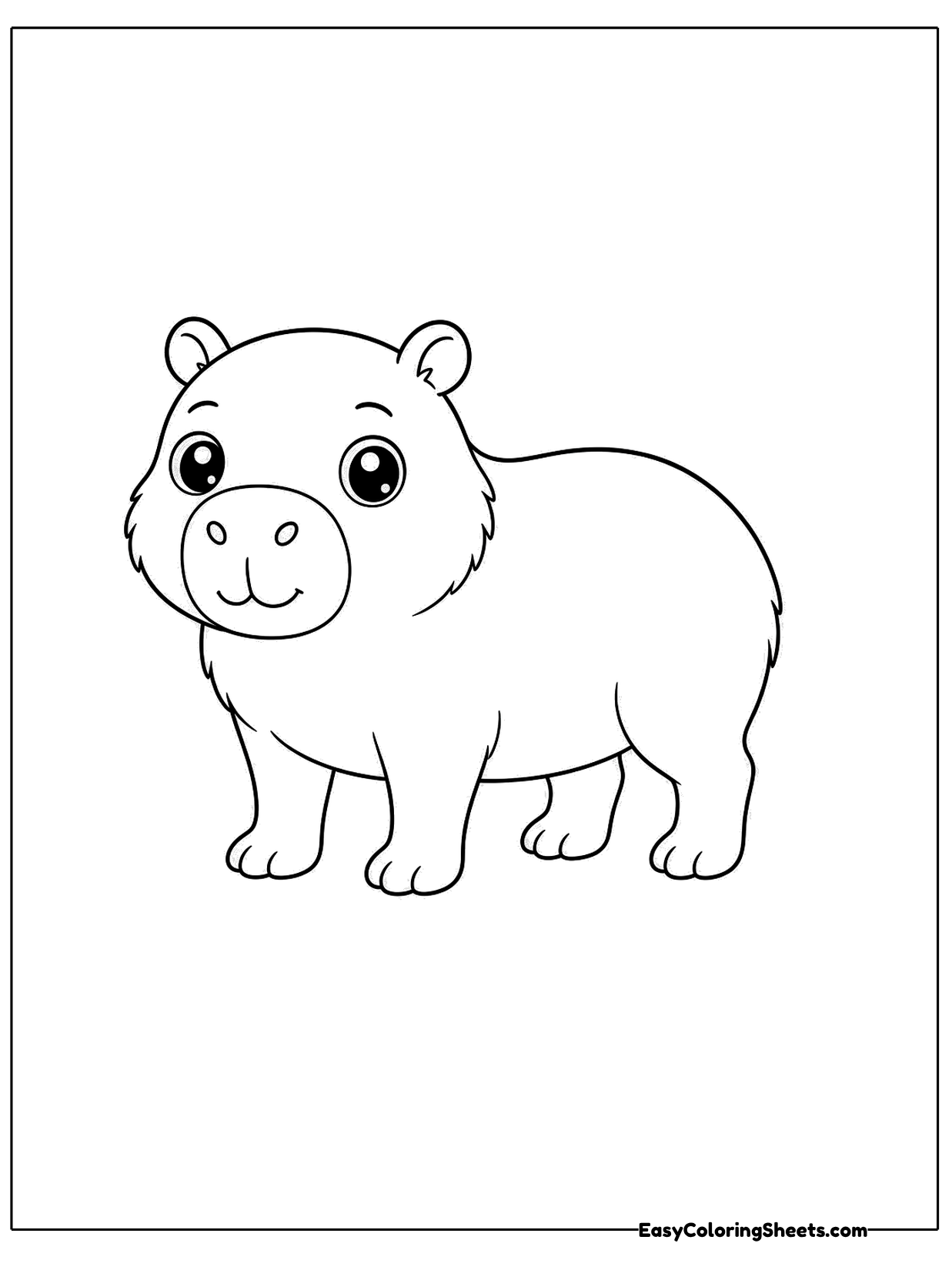 A calm capybara stands quietly facing forward with a soft smile and small round ears.