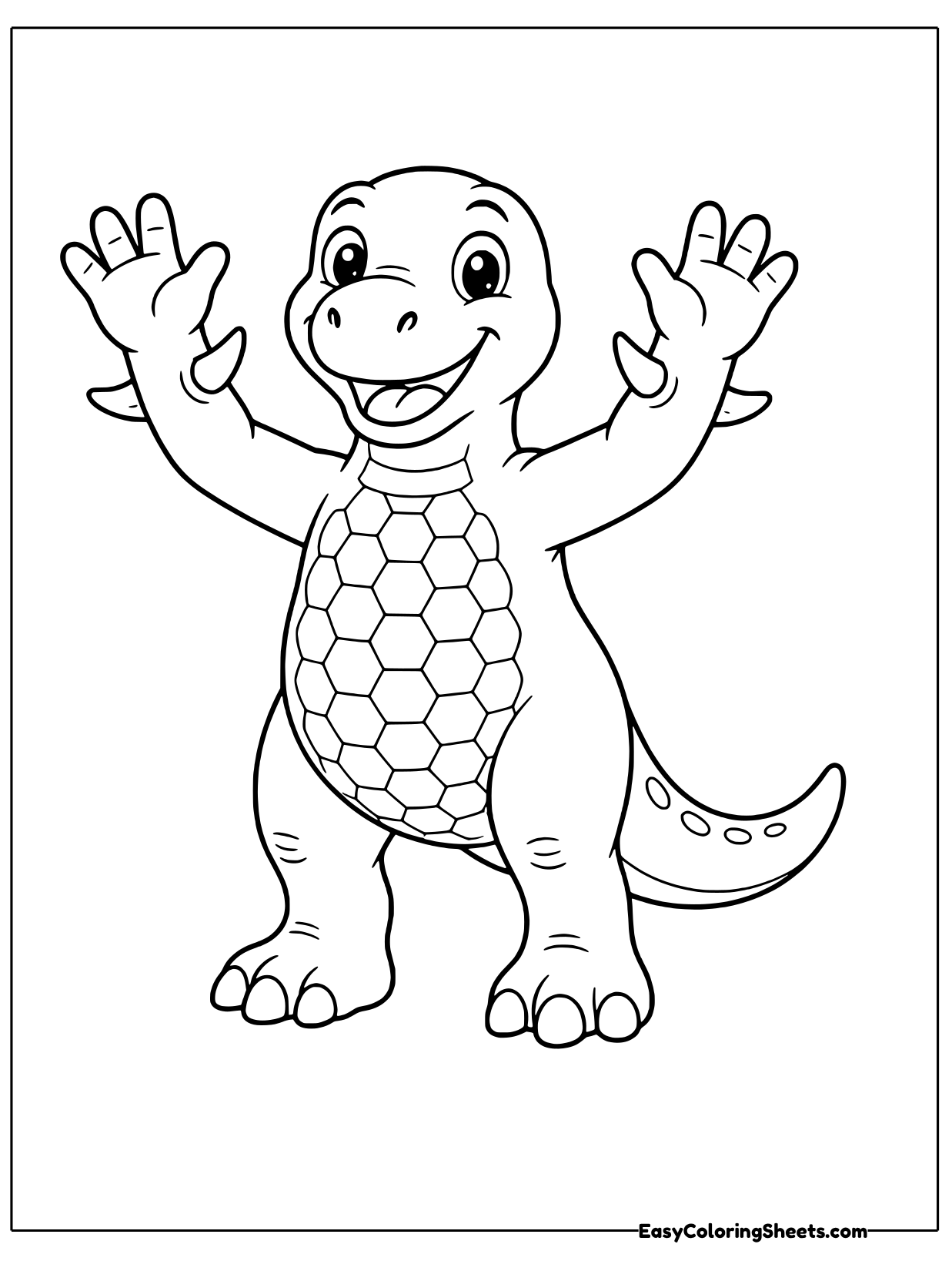 A cartoon iguanodon raises both hands in a cheerful wave, showing a patterned belly.