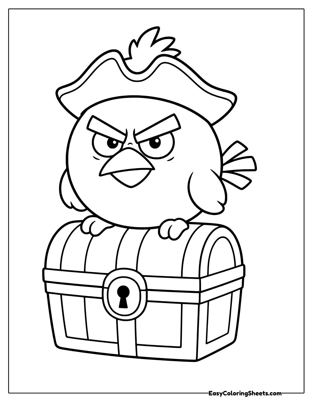 Red from Angry Birds in a pirate hat sitting on top of a treasure chest