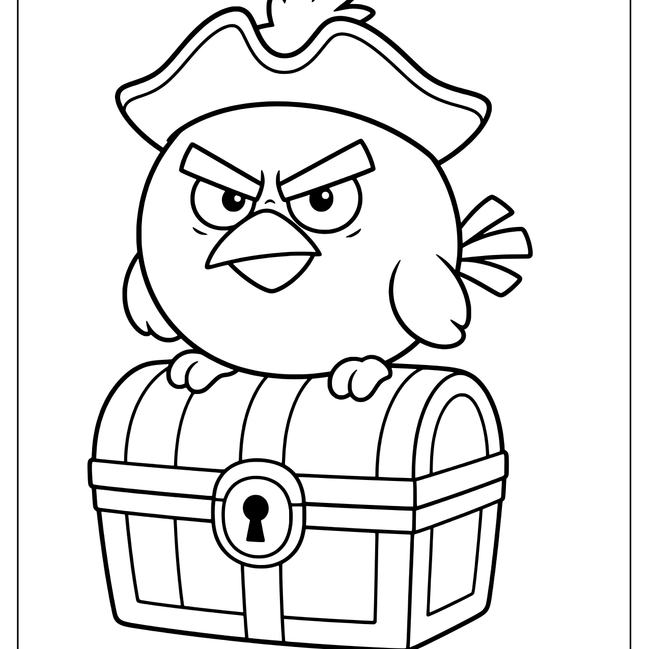 Red from Angry Birds in a pirate hat sitting on top of a treasure chest