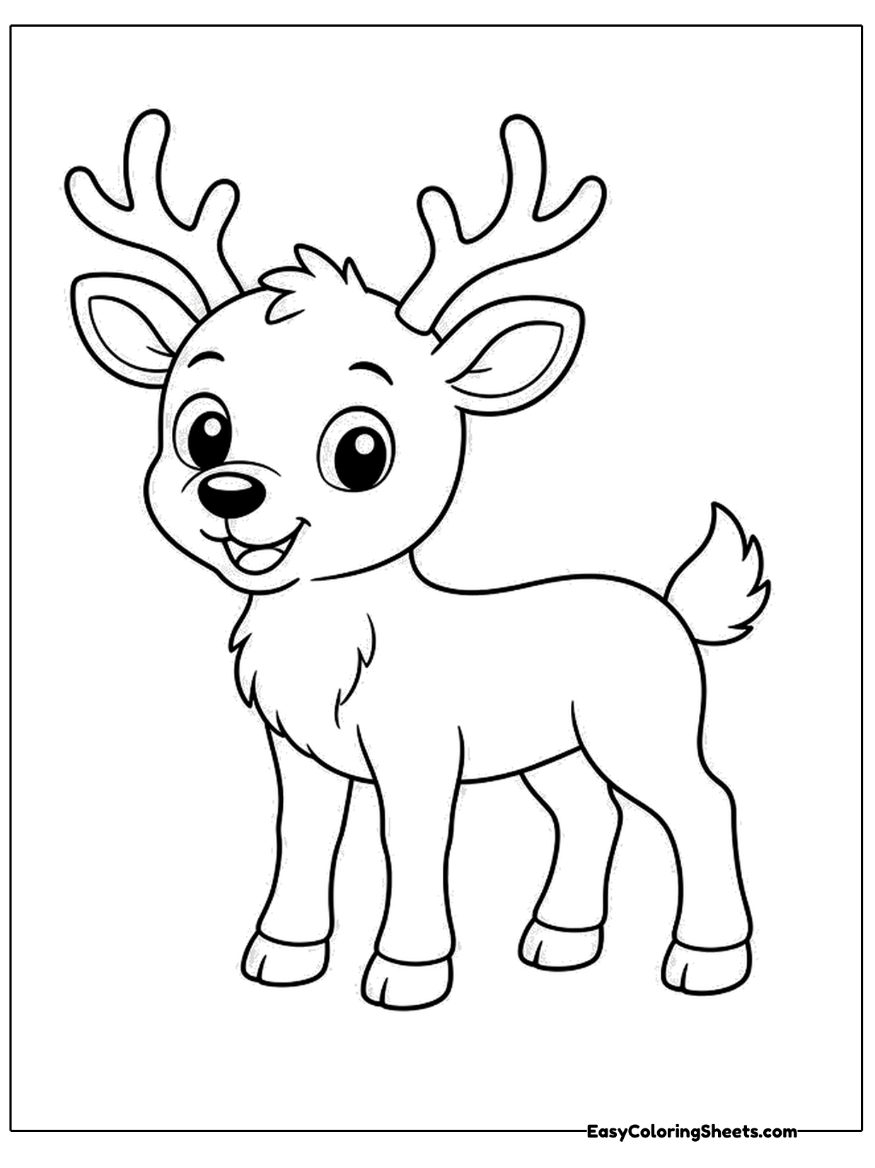 A cartoon reindeer stands on four legs with wide antlers, a big smile and a fluffy tail flicked up.