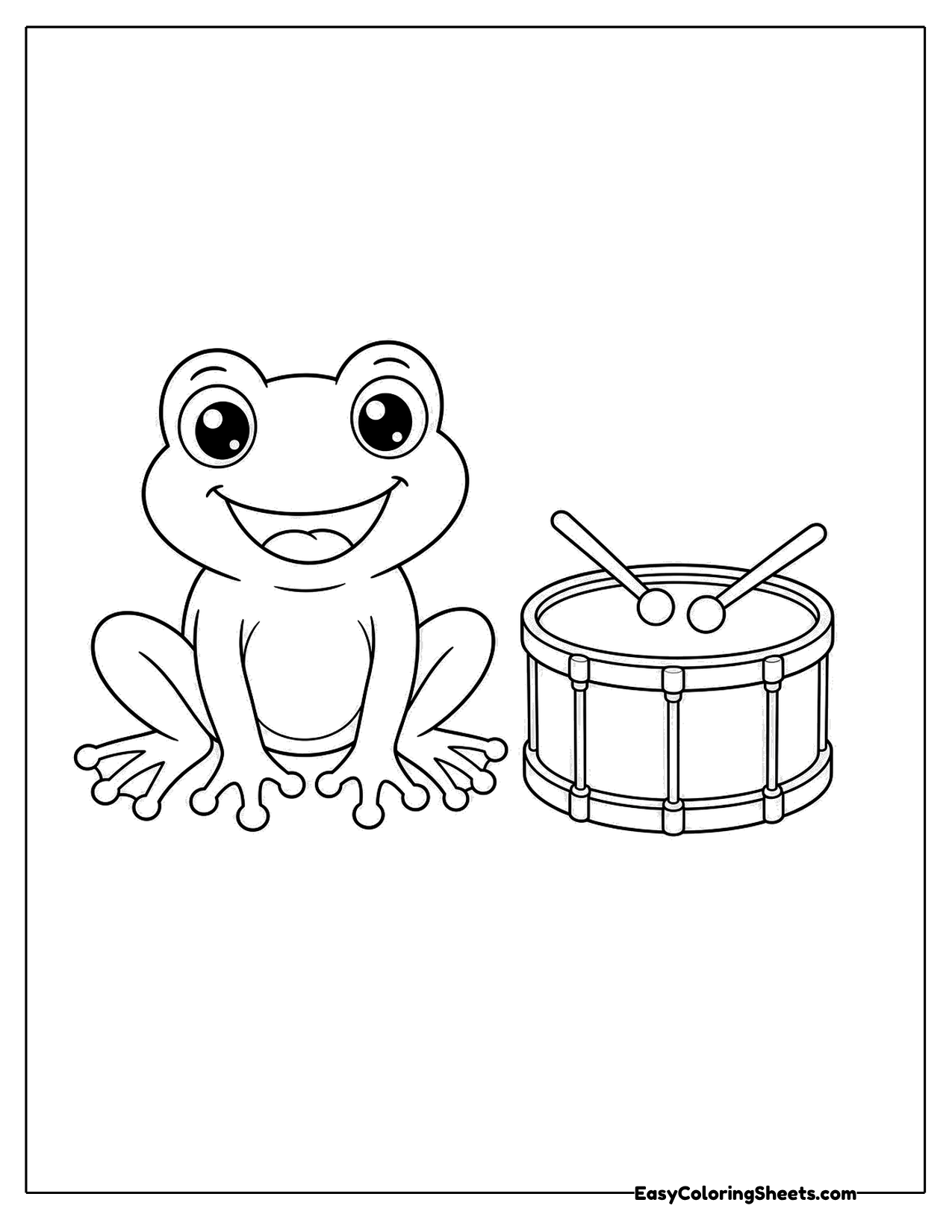 Frog sitting next to a snare drum with two sticks