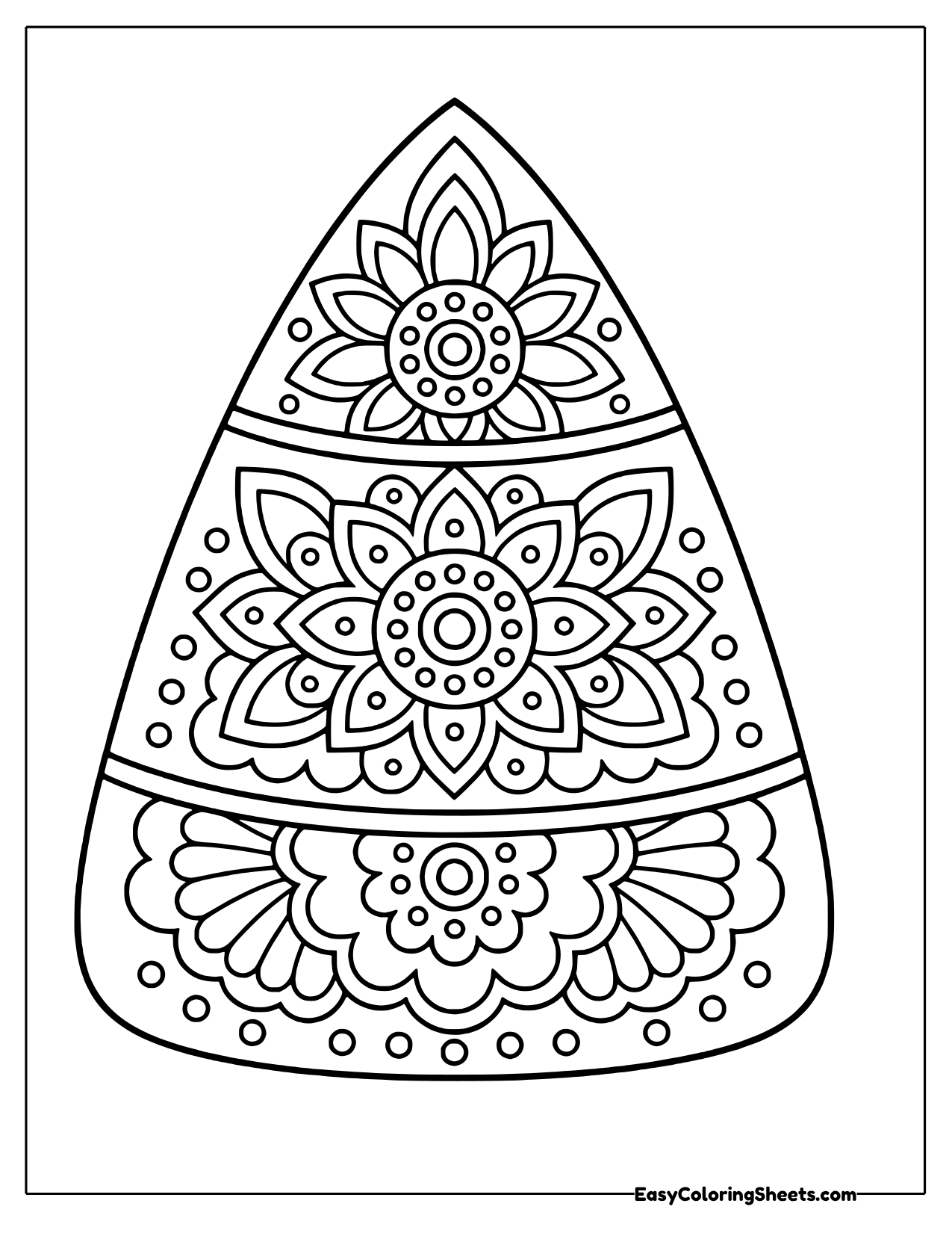 Large candy corn with three bands filled with mandala flowers and dots