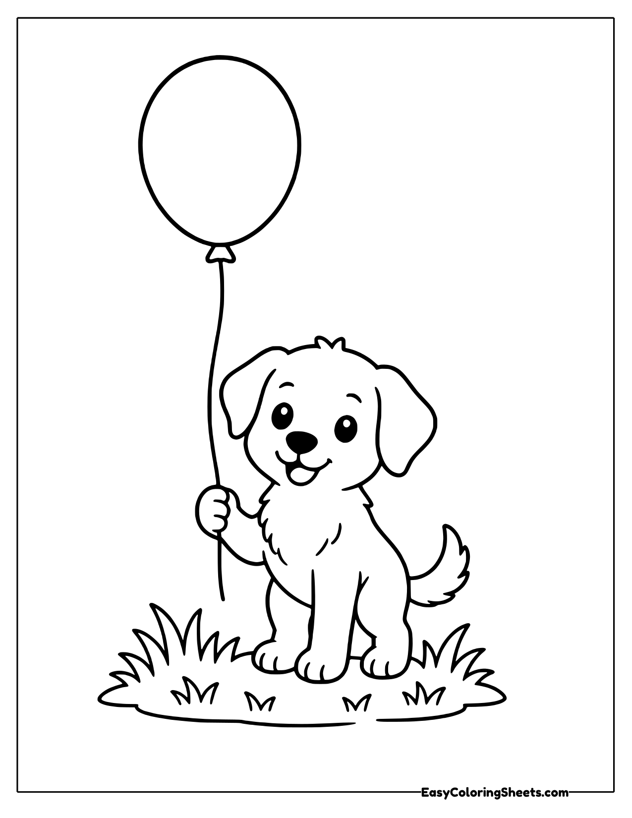 A fluffy puppy stands in the grass holding the string of a single balloon in its mouth.