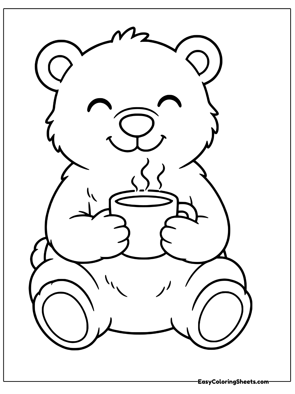 A sleepy-eyed polar bear sits and holds a steaming mug of hot cocoa with both paws.