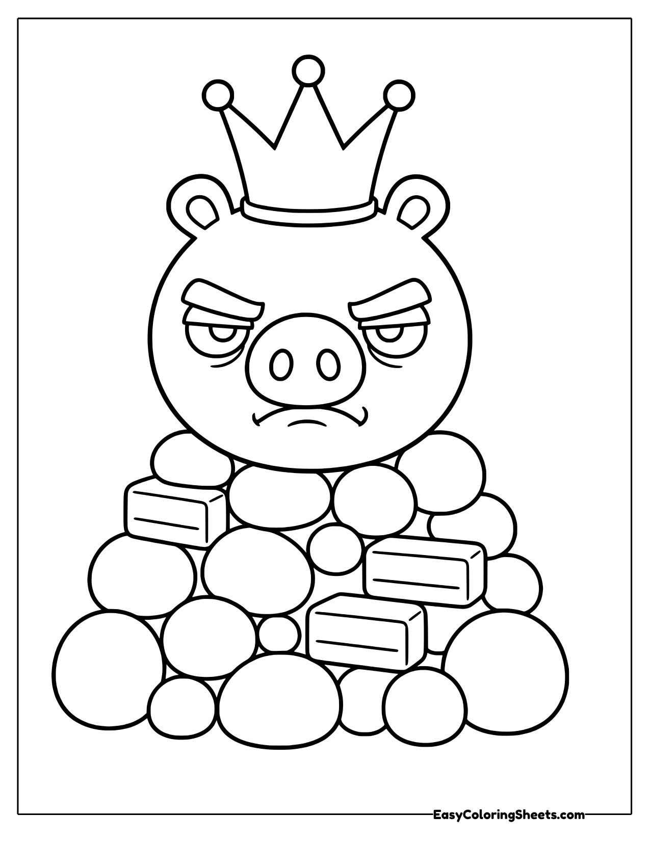 Angry Birds king pig wearing a crown and sitting on a pile of stones and bricks