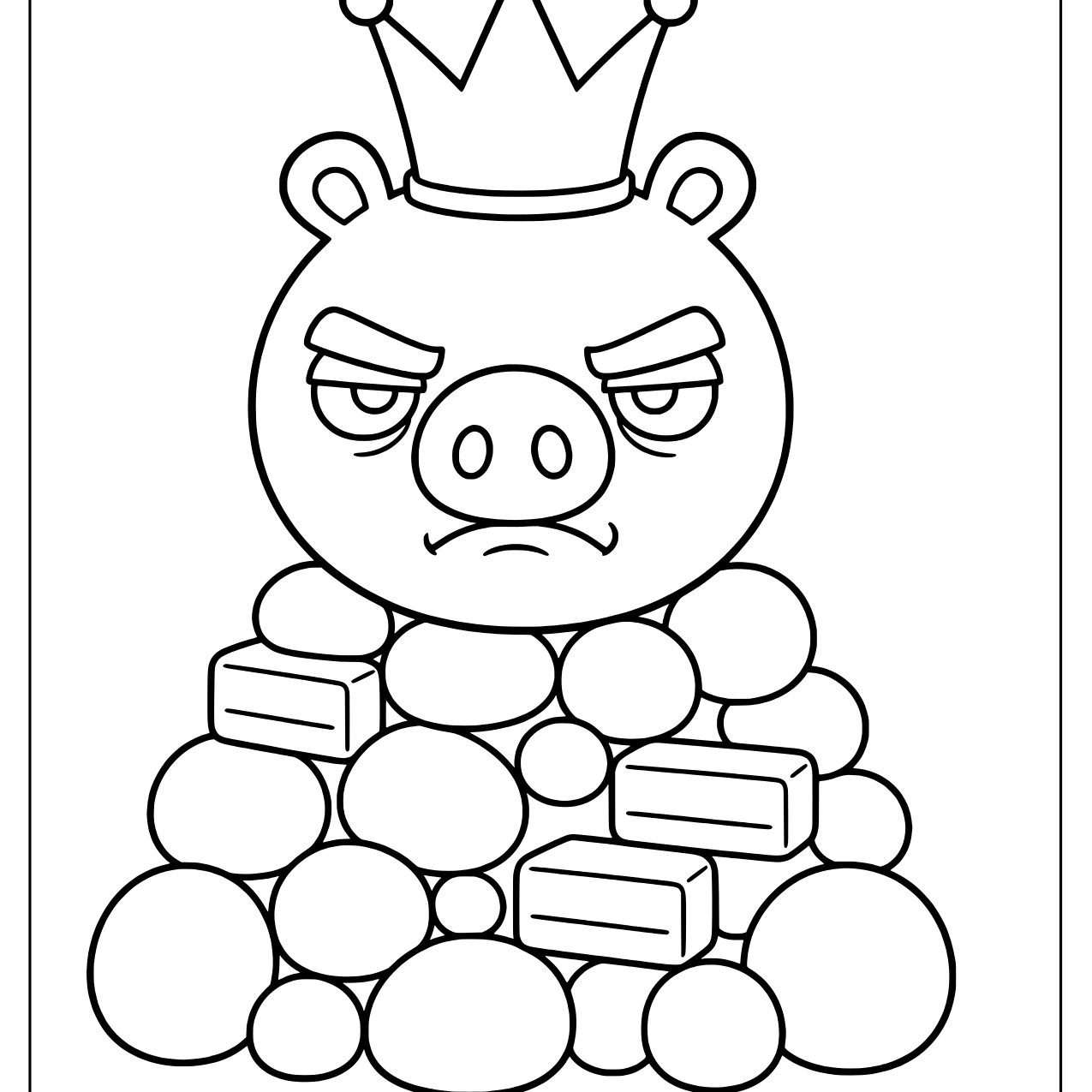 Angry Birds king pig wearing a crown and sitting on a pile of stones and bricks