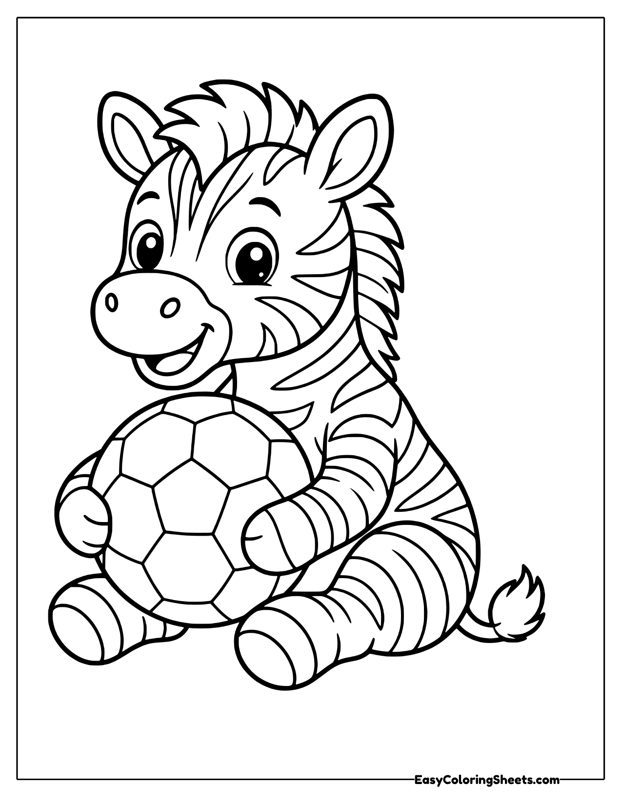 Sitting zebra hugging a soccer ball