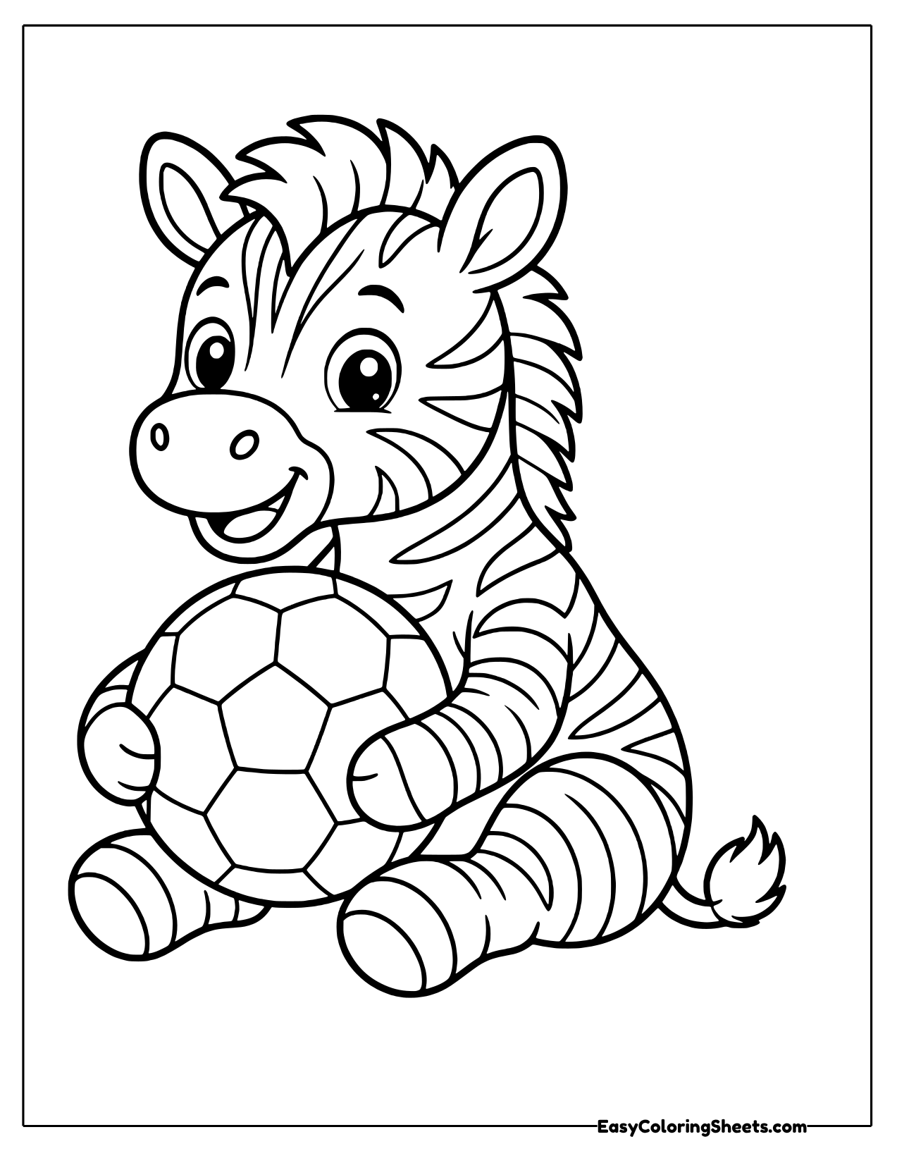 Sitting zebra hugging a soccer ball