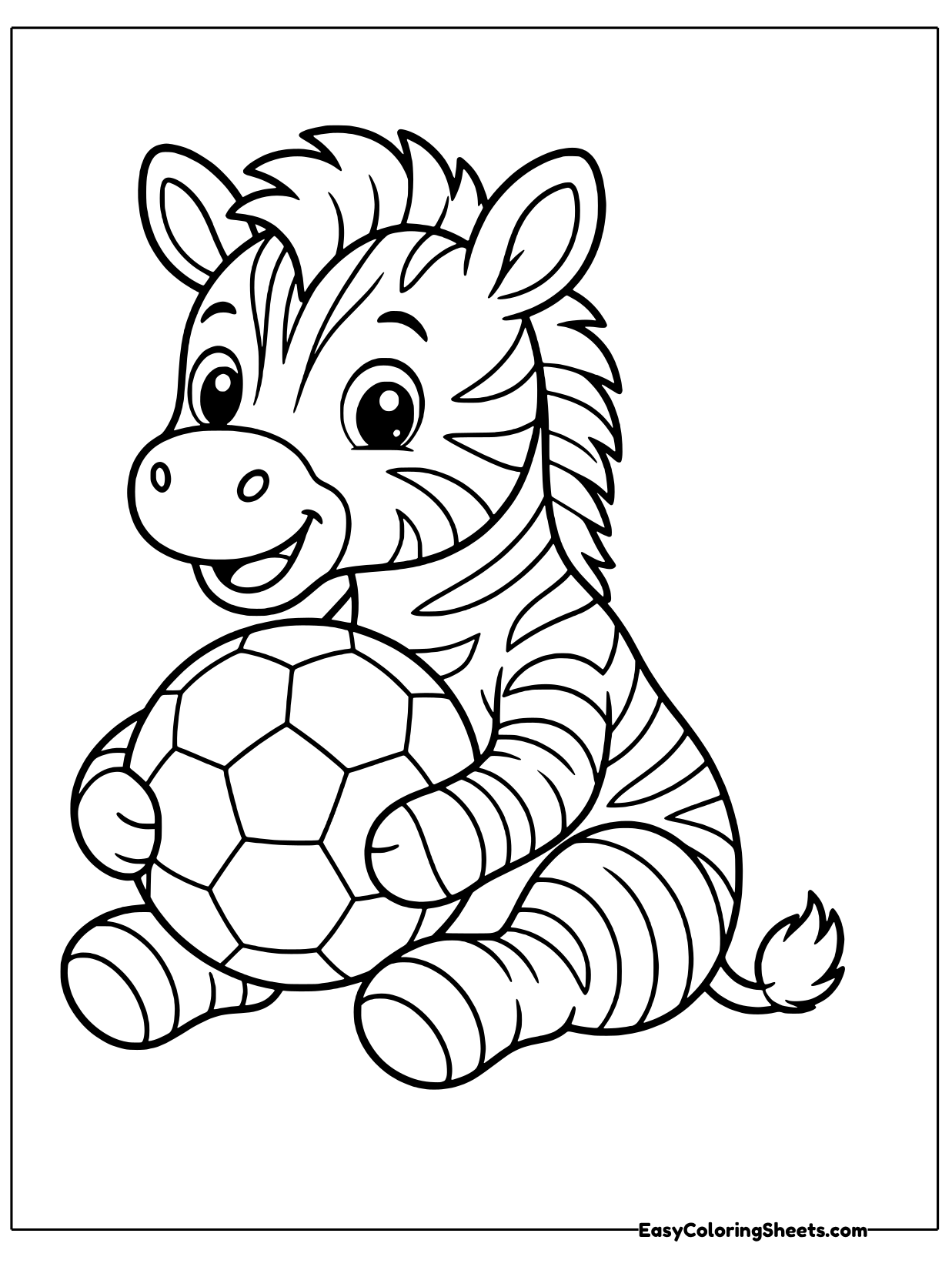 A happy little zebra sits on the ground hugging a big soccer ball, ready for a game with friends.