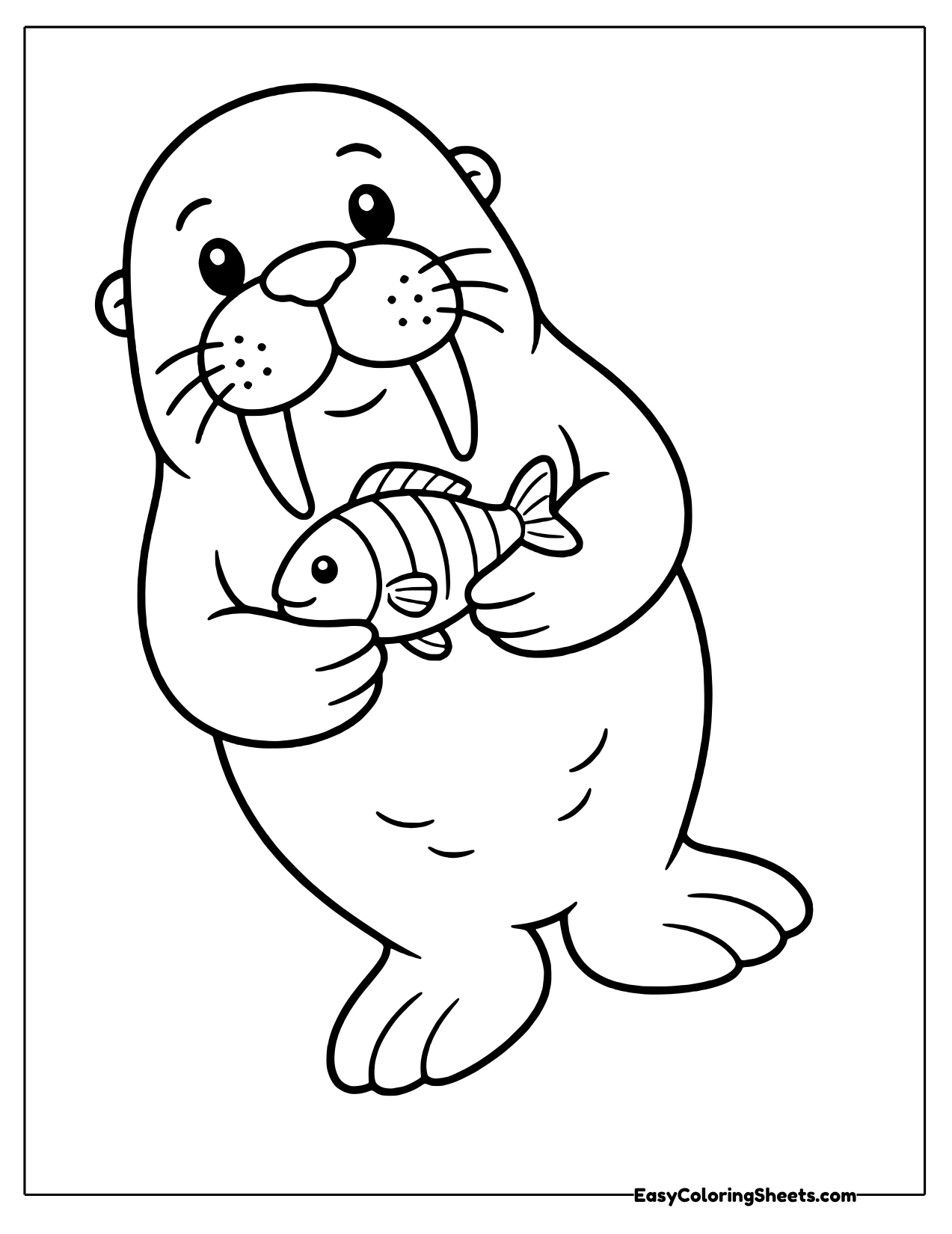 Tilted walrus holding a small striped fish