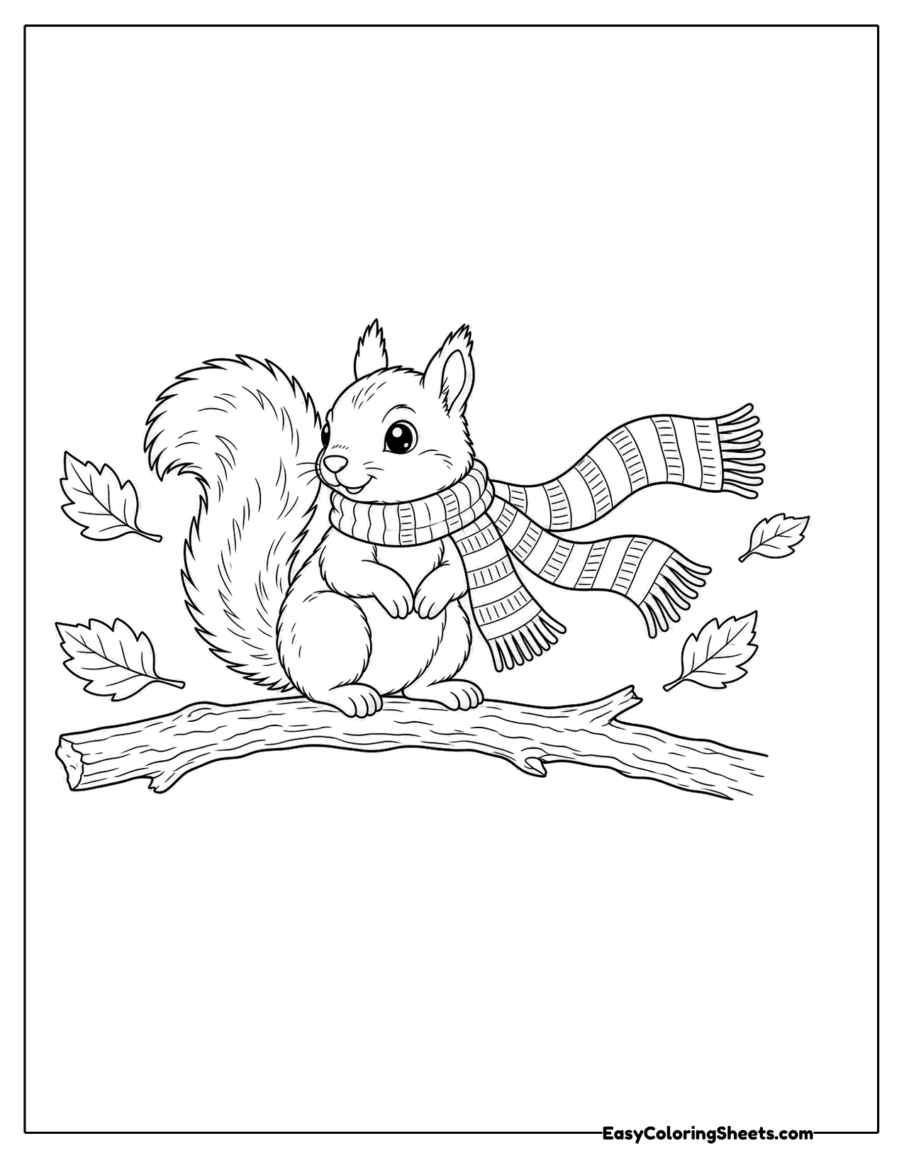 Squirrel in a striped scarf on a windy branch