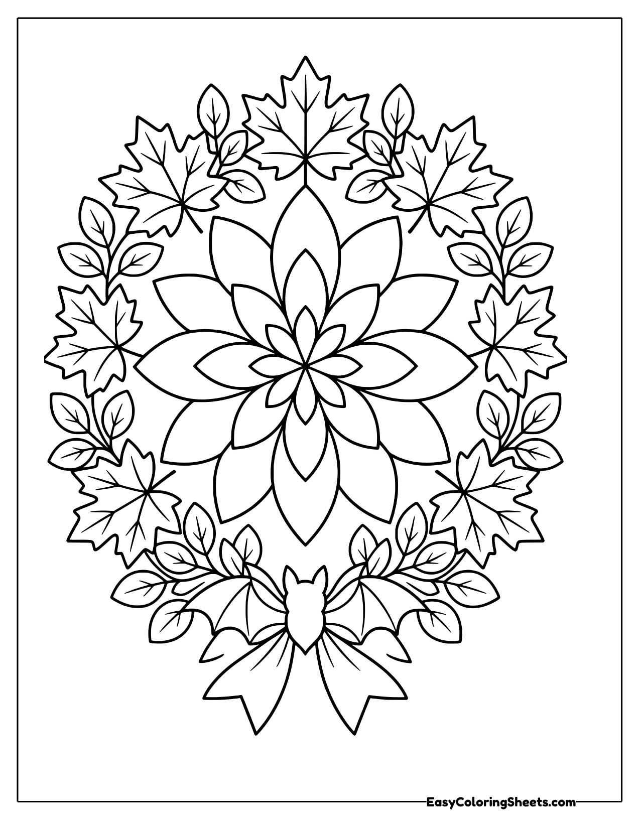 Autumn leaf wreath mandala with a central flower, a bow and a small bat