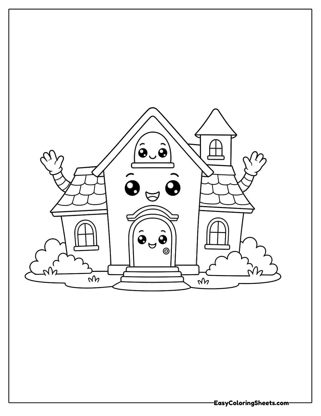 Smiling haunted house with waving arms