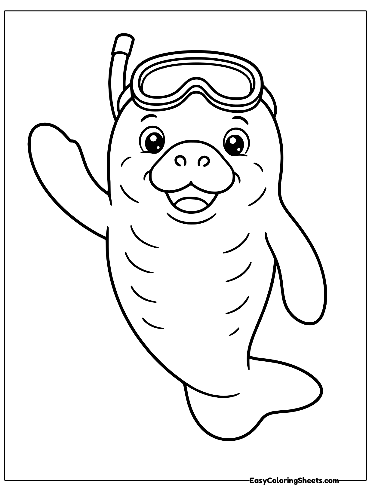 A playful manatee wears a snorkel mask on its head and waves one flipper with a big grin.
