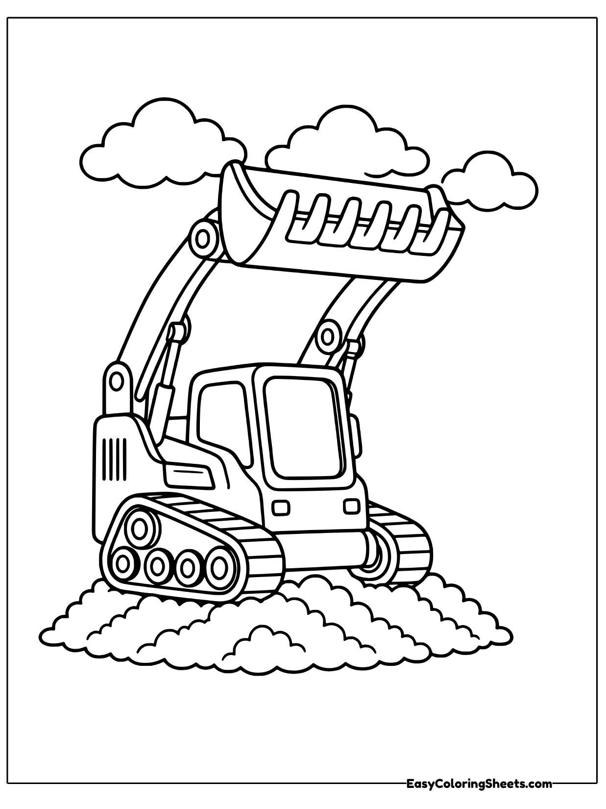A skid steer loader raises its bucket filled with dirt high in the air, standing on a pile of soil.