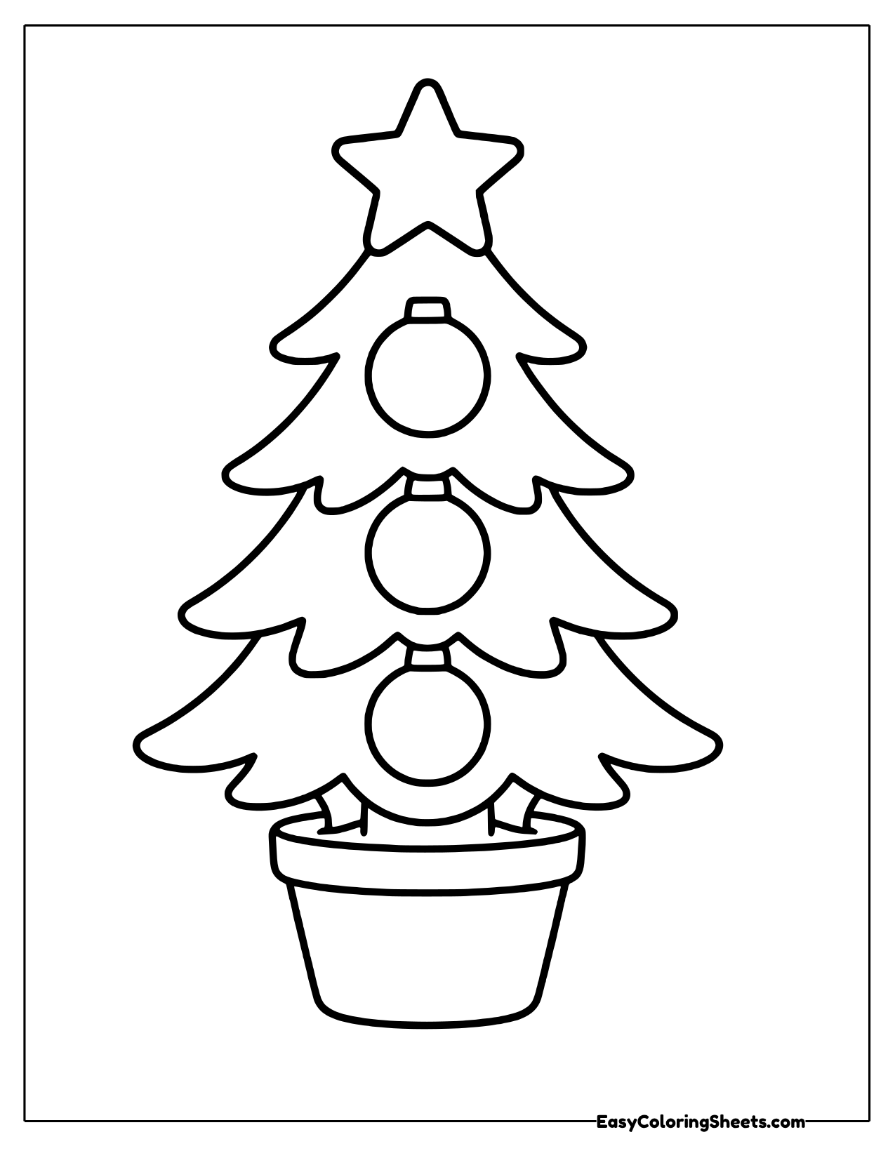 Christmas tree with three baubles in a pot