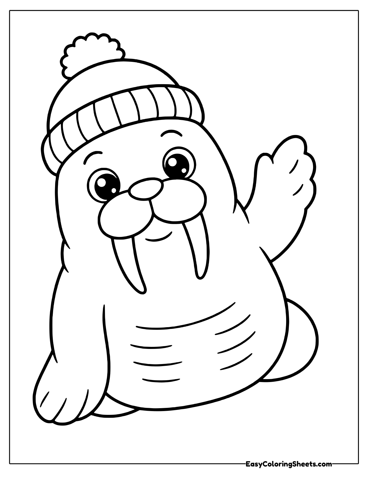 Walrus in a pom pom hat waving one flipper
