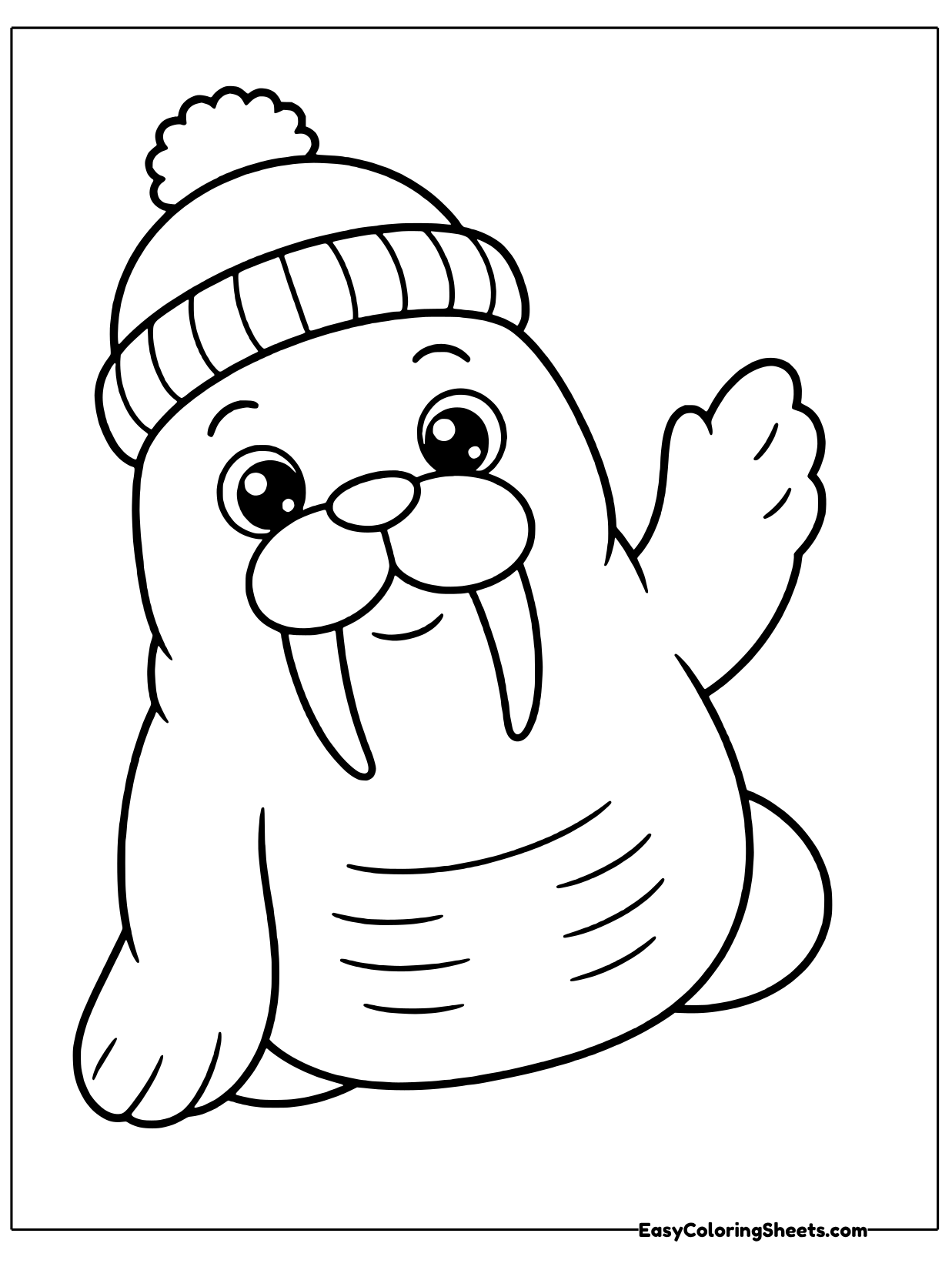 A friendly walrus wearing a striped knit hat with a pom pom raises one flipper to wave hello, leaning gently on the page.
