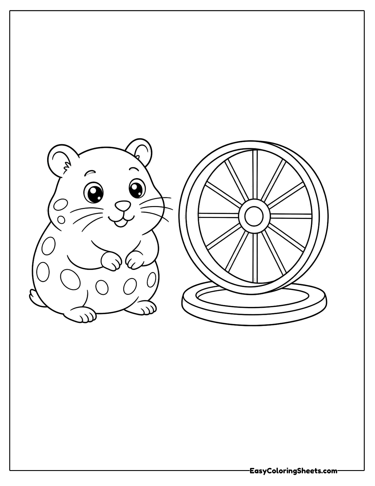 Hamster sitting next to a spinning exercise wheel