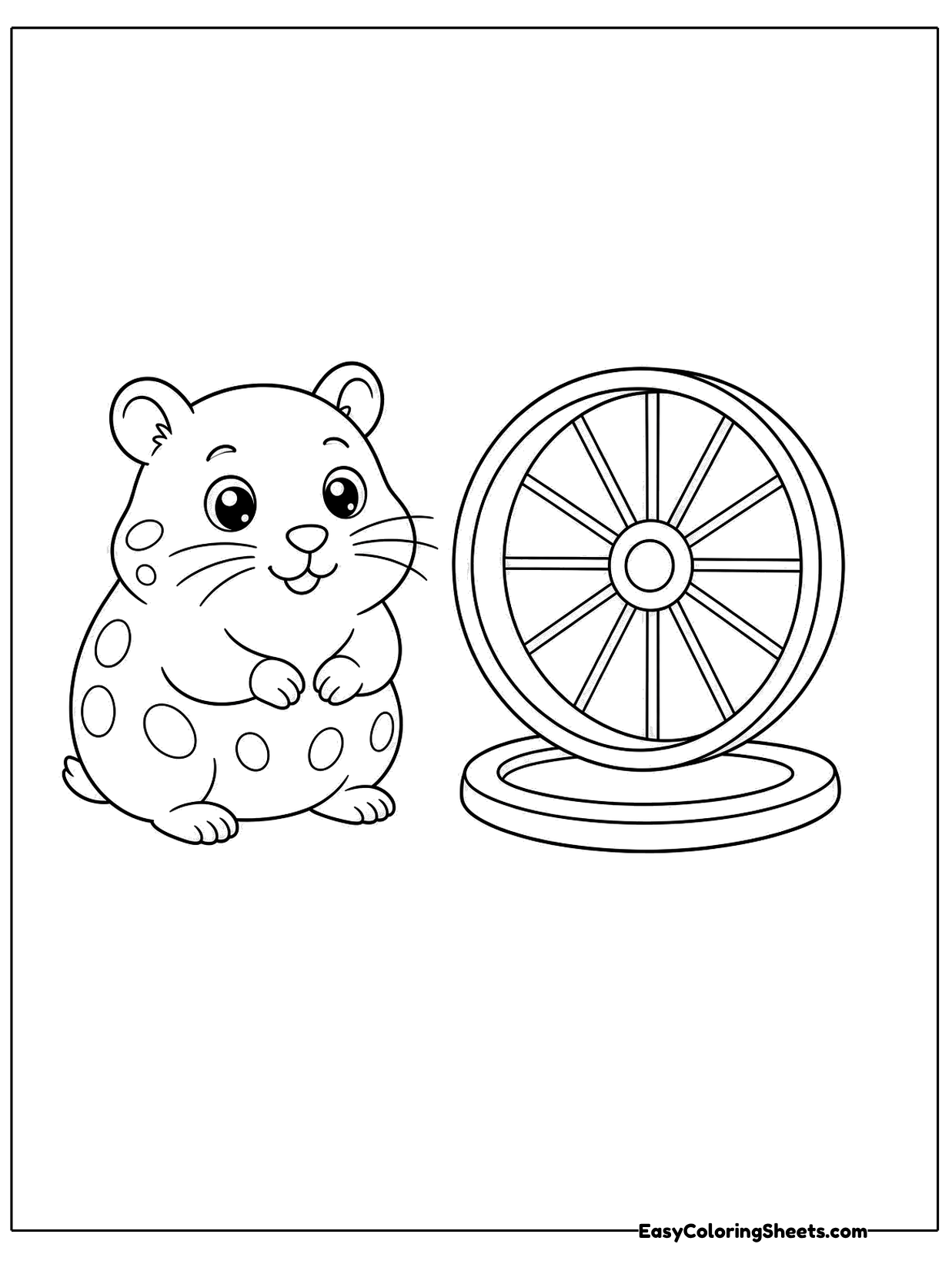 A spotted hamster sits beside its exercise wheel, which has spokes and a sturdy stand.