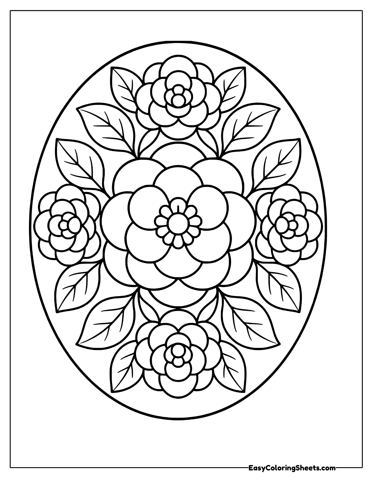 Oval mandala filled with camellia blooms and leaves