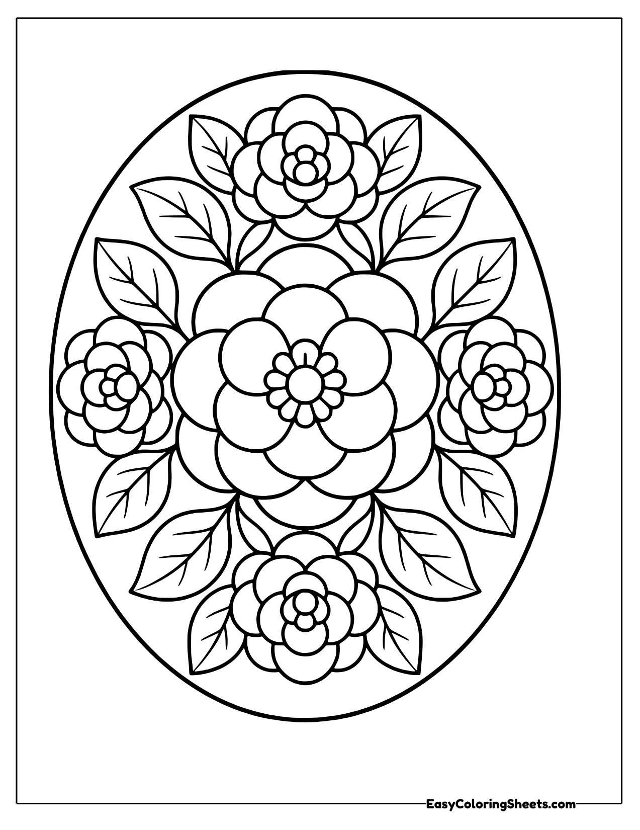 Oval mandala filled with camellia blooms and leaves