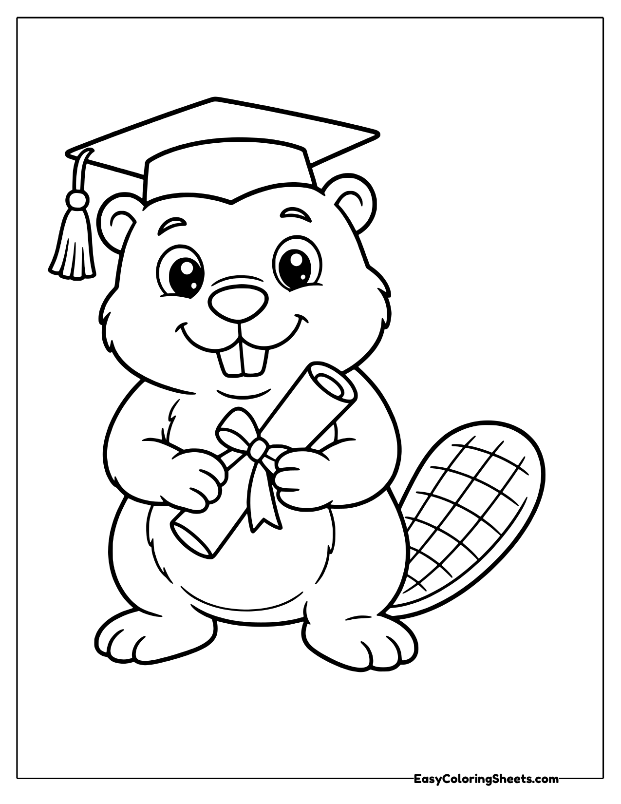 Beaver in a graduation cap holding a rolled diploma