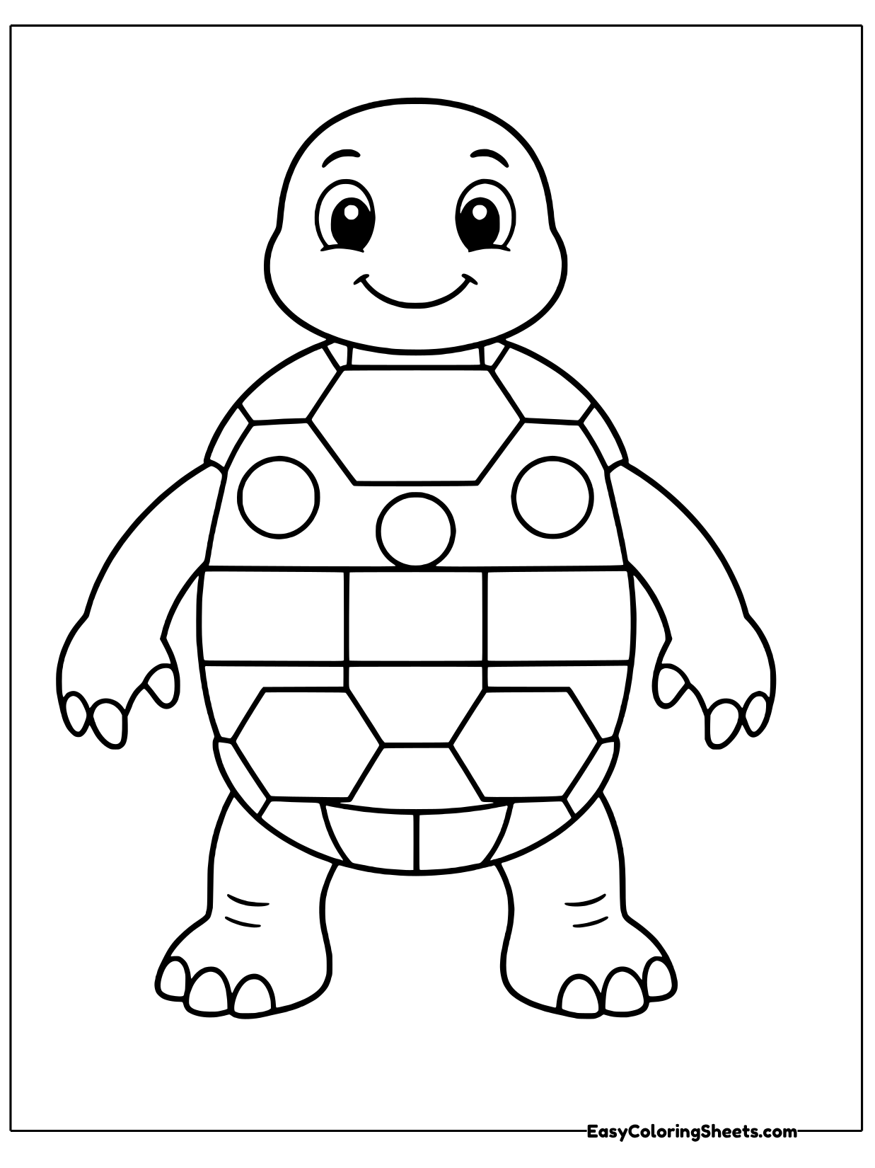 A standing turtle shows off a shell built from big patchwork shapes: hexagons, squares, triangles.