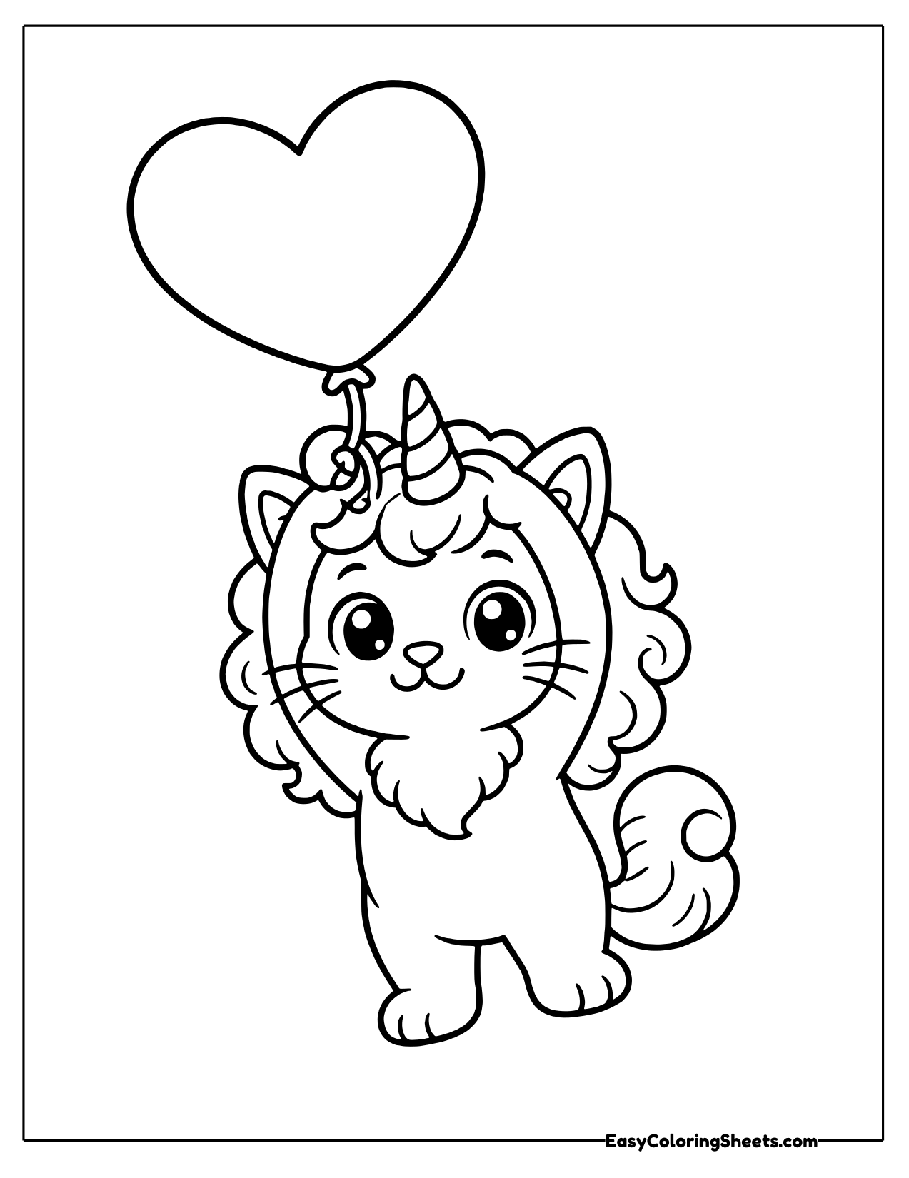 Unicorn cat holding the string of a big heart balloon