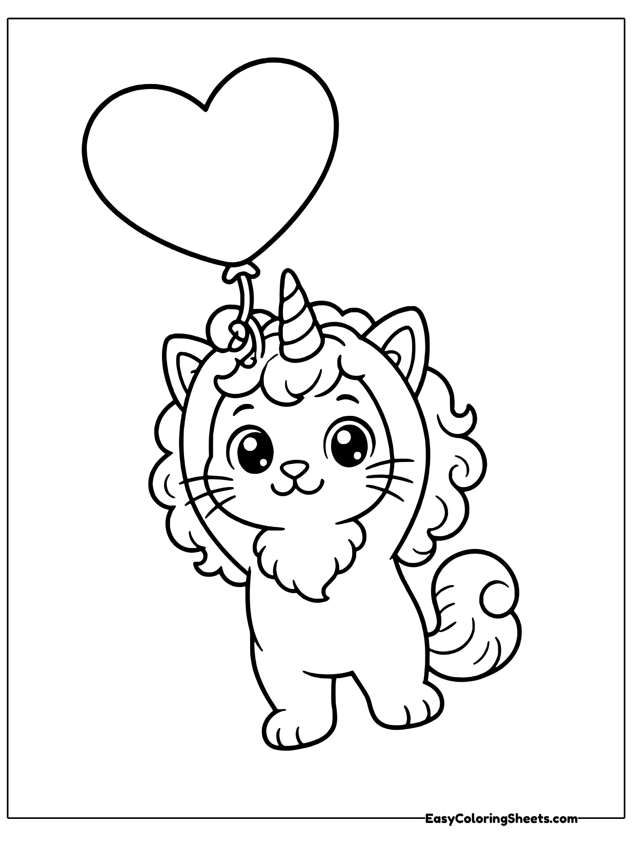 A cheerful unicorn cat with a fluffy mane holds the string of a big heart balloon floating high above its spiral horn.