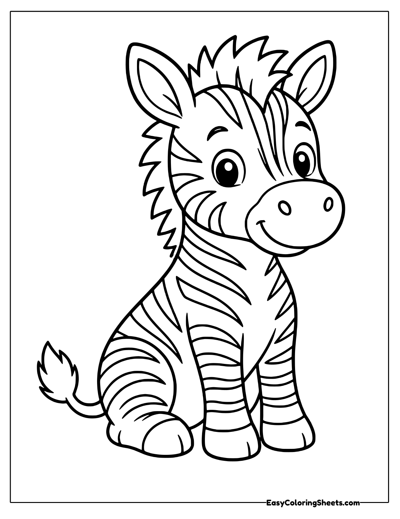 Zebra sitting up with front hooves together and smiling