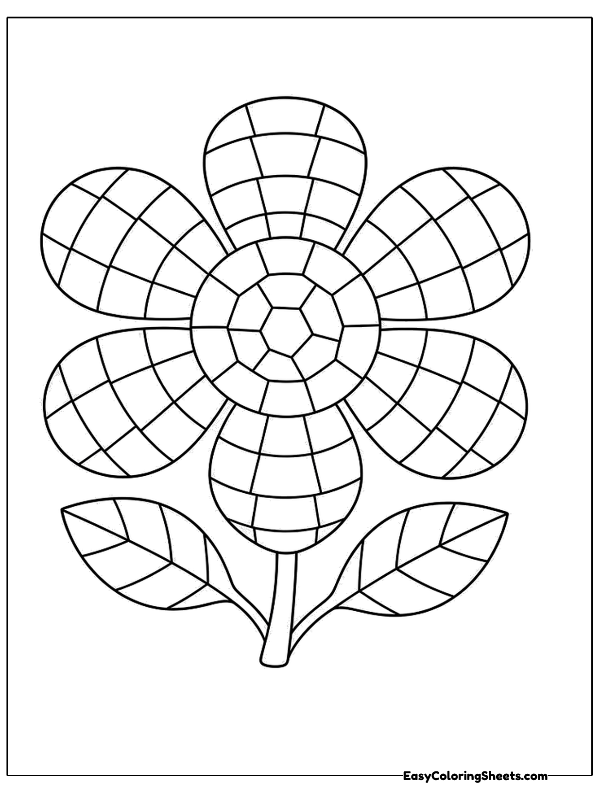A large flower with rounded petals and two leaves is filled with mosaic tiles.