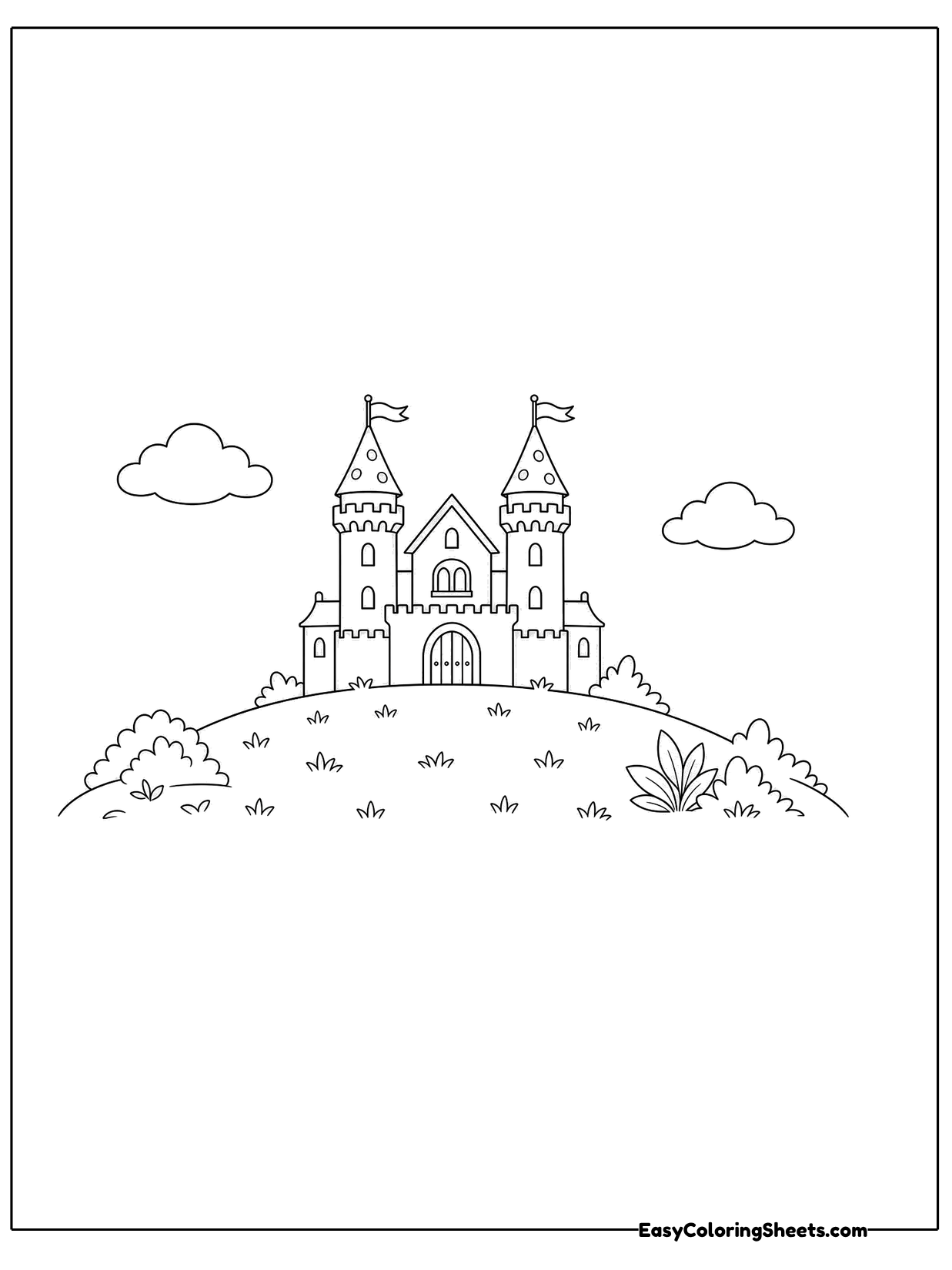 A small castle with slender towers sits far off on top of a gentle hill, with a sun and clouds in the open sky.