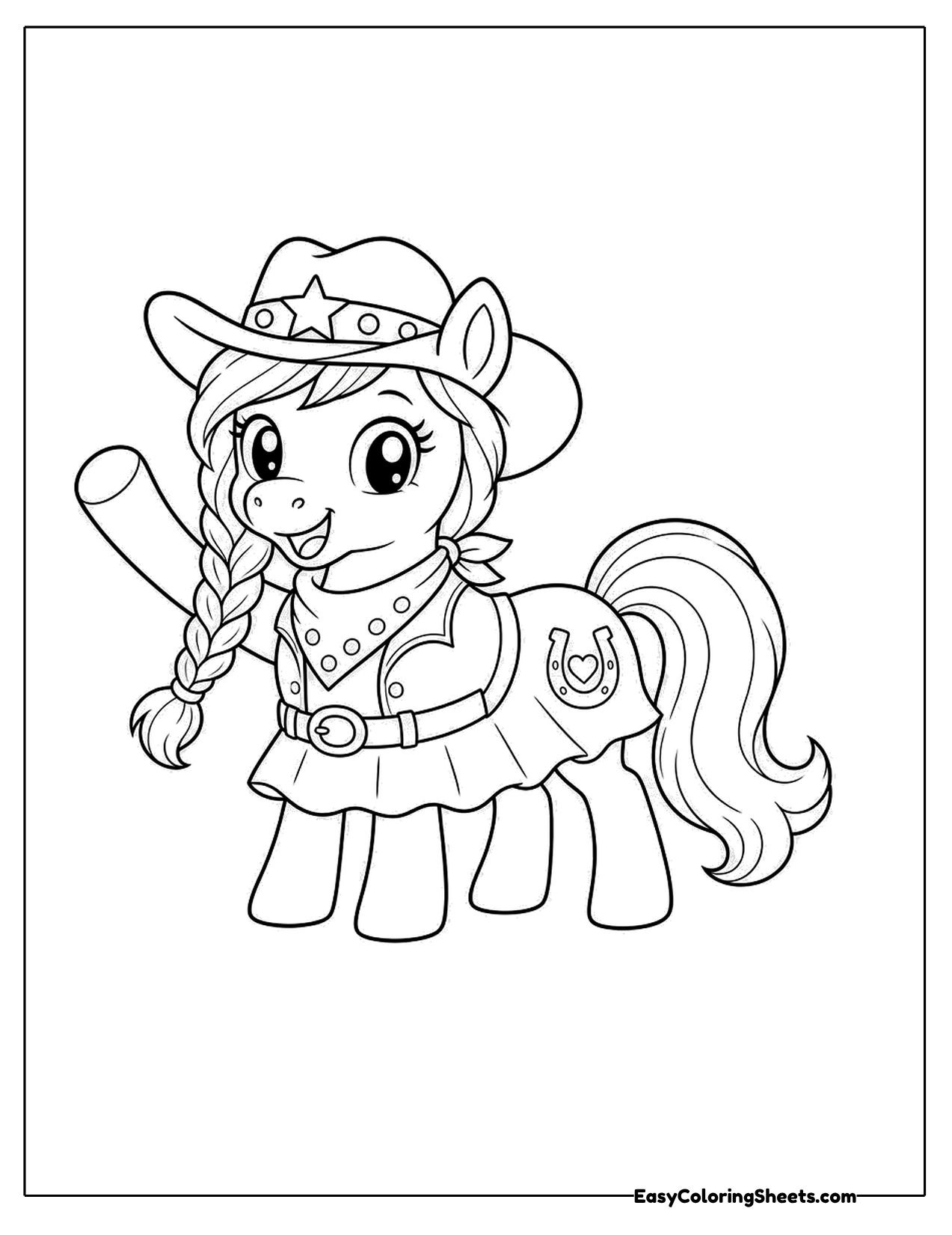 Pony in a cowboy hat and vest with braided mane