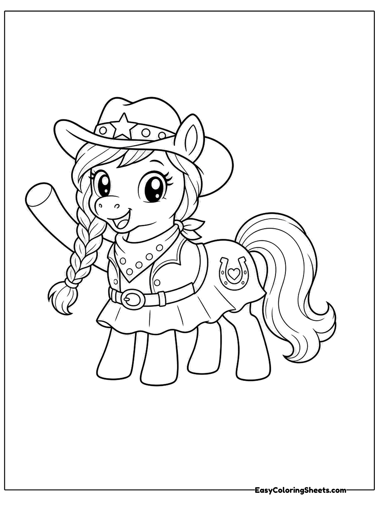 A pony with big sparkly eyes wears a cowboy hat and a little vest, with its mane tied in a long braid and a tail that.