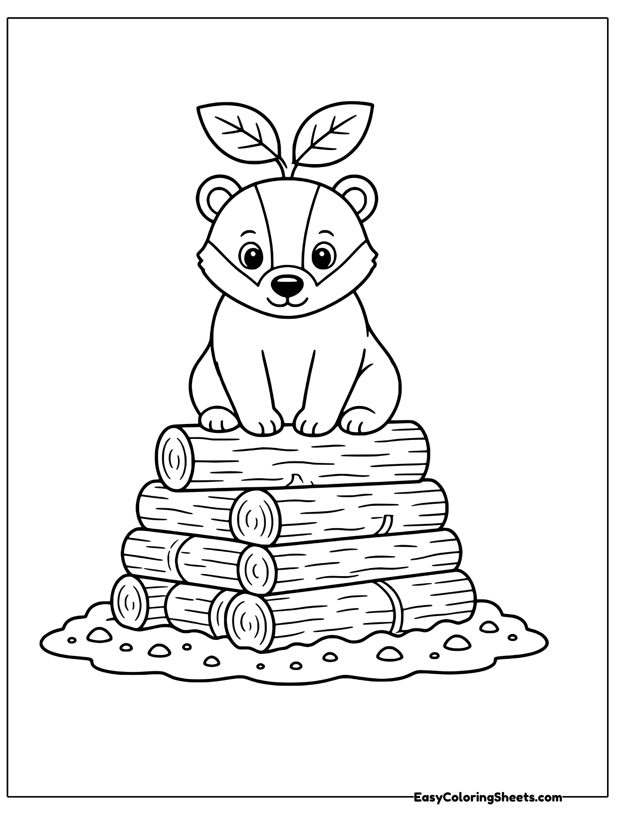 A badger sits on top of a pile of cut logs with leafy sprouts above it.